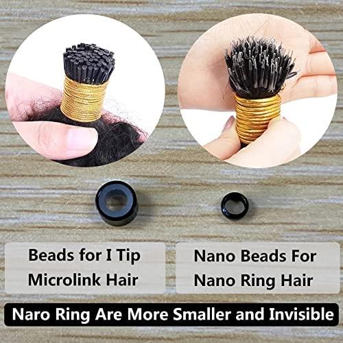 TPFHR Kinky Straight Nano Ring Human Hair Extension Micro Link Brazilian Remy Nano Tip Hair Coarse Italian Yaki For Black Women 100g 100strands (20inch 100strands, 1(Jet Black))