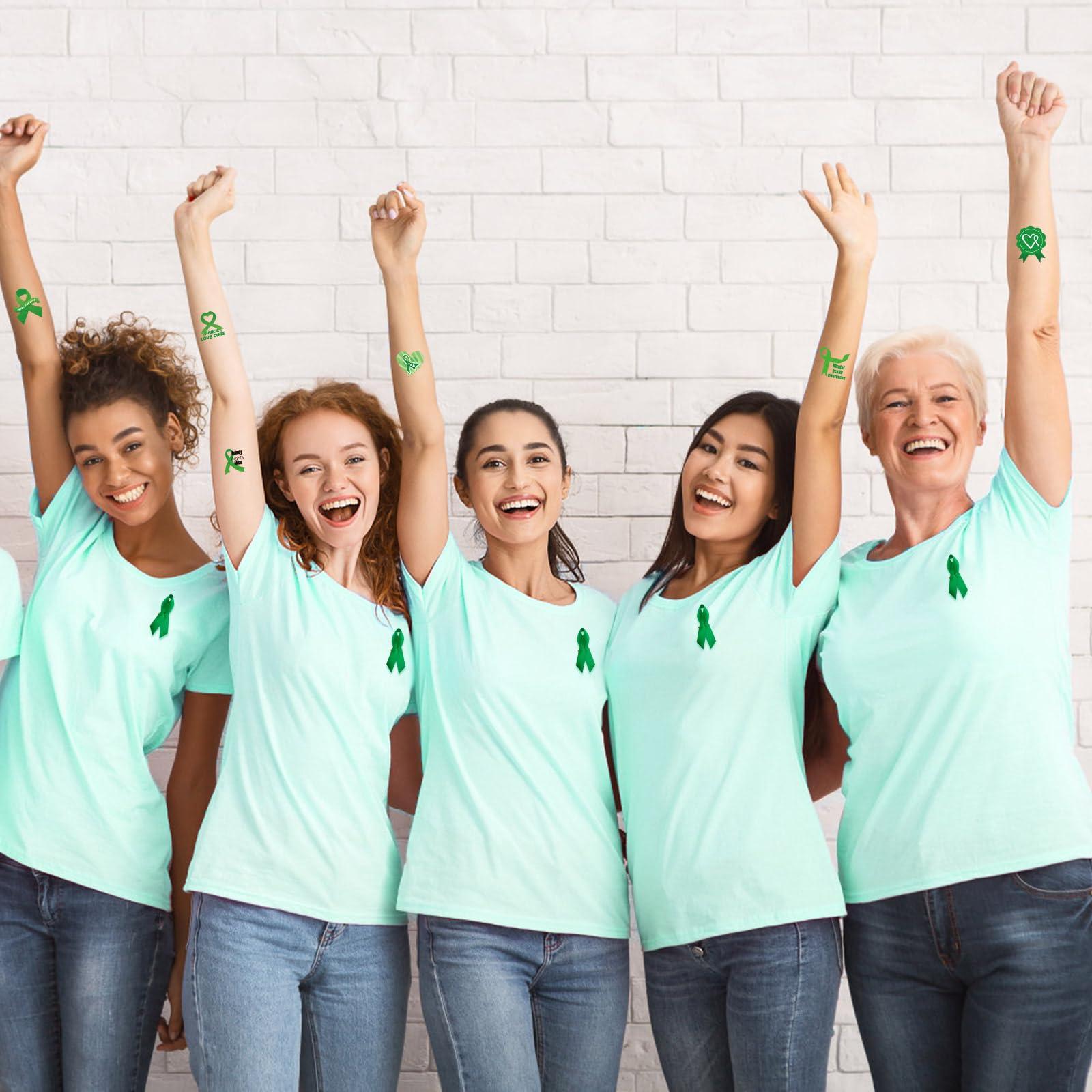 WANDIC WANDIC Green Ribbon Awareness Kit, 100PCS Ribbon Pins 10 Sheets Temporary Tattoo for Mental Health for Public Benefit Activities