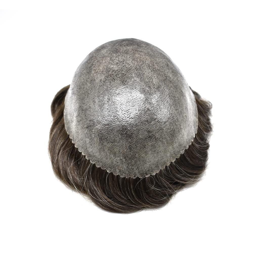 JUSTHAIR Toupee for Men Wavy Human Hair Replcement System Full Poly Thin Skin Human Hair Piece Male Hair Units All PU Injection Black Brown Blonde Grey White Hair (6X9\"-130% MEDIUM DENSITY, #320 3# DARK BROWN WITH 20% SYNTHETIC GREY)