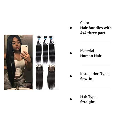 Panse Hair 10A Straight Bundles with Closure Human Hair (14 16 18 with 12 Inch) Brazilian Human Hair Bundles with Closure 100% Unprocessed Virgin Remy Straight Hair Weave Bundles with Closure 4x4 Three Part
