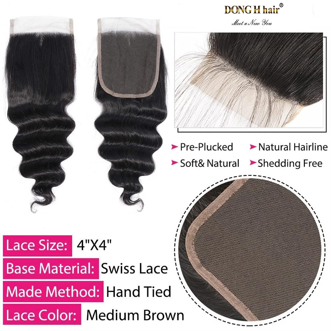 DONG H hair Peruvian Loose Deep Wave Bundles with Closure, (18 20 22 with 16 Closure) Long Loose Deep Curly Hair 10A Peruvian Virgin Human Hair 3 Bundles with 4x4 Top French Lace Closure with Baby Hair