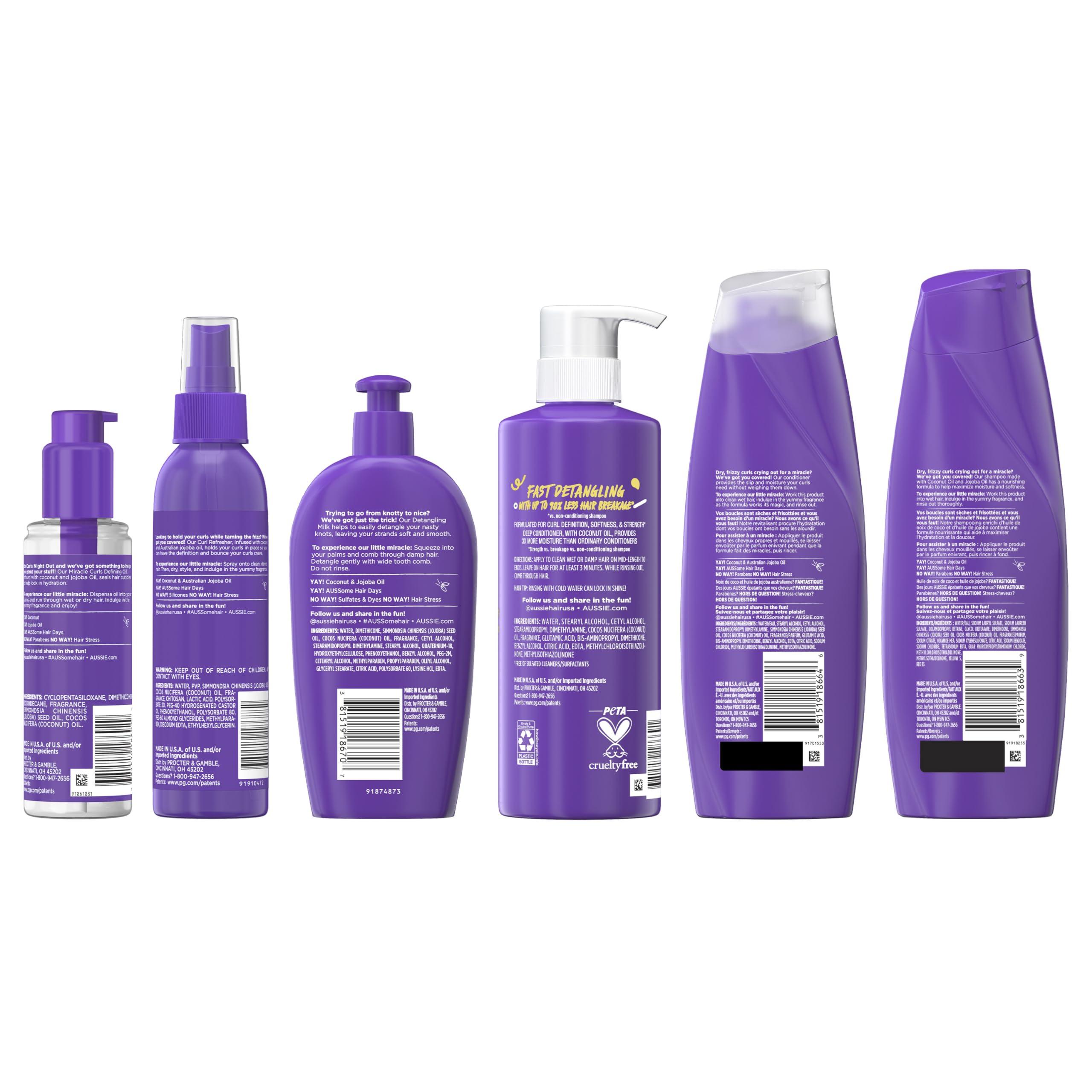 Aussie Aussie Miracle Curls Set: Shampoo, Conditioner, Deep Hydration, Spray Gel, Detangling Milk, and Oil Hair Treatment, Curl Oil, Coconut & Jojoba, Frizz Control, 6 Pieces