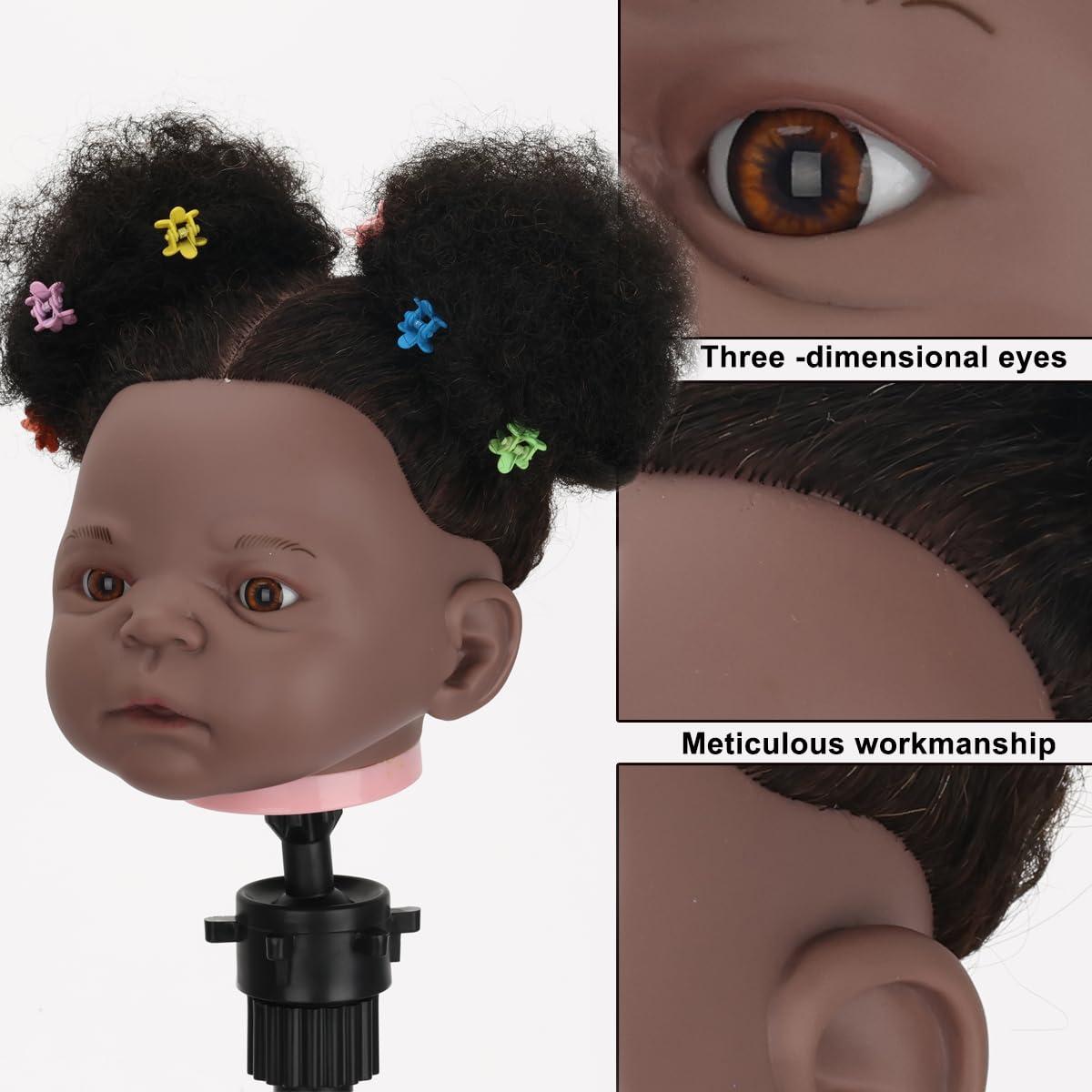 poipoilu Mannequin Head African with Hair 90% Human Hair Cosmetology Mannequin Head Doll Head for Babay and New Mom, Manikin doll to do hair for little girls and Practice Training Braiding (Afro-Black)