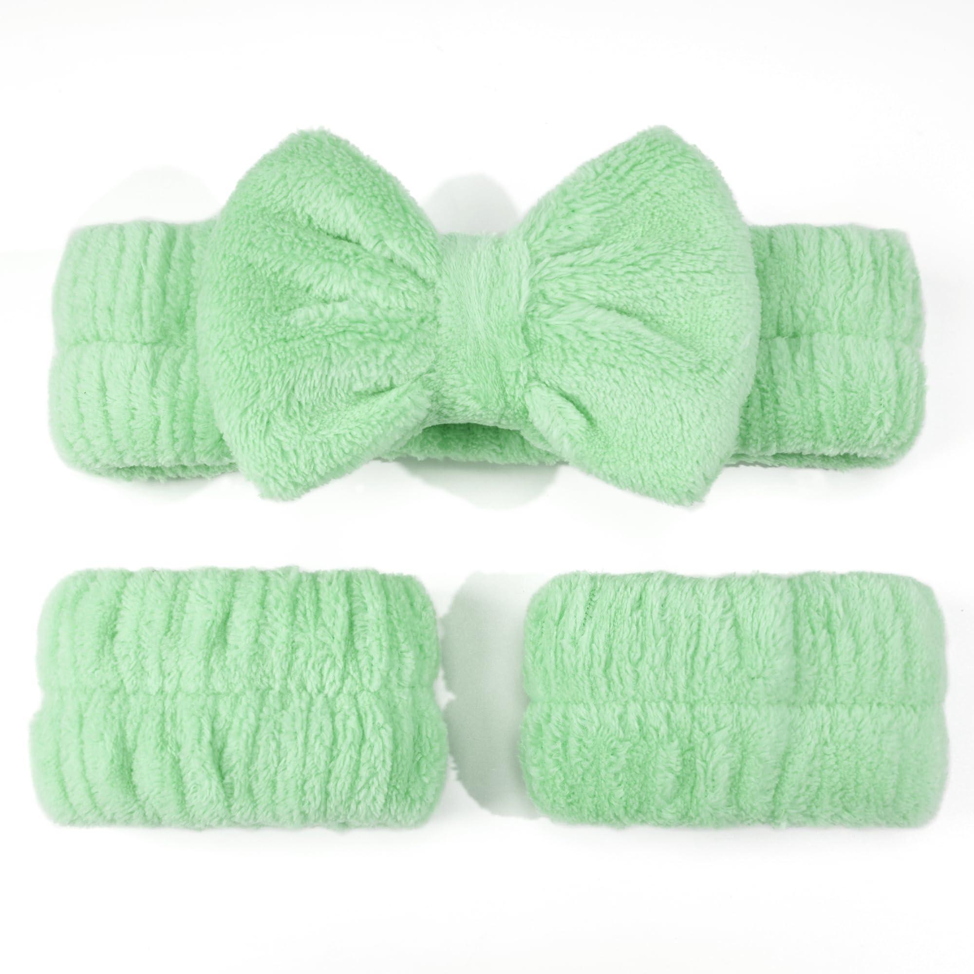 Ayesha Ayesha Green Spa Headband and Wristband Set for Skincare Makeup Headband Wrist Cuffs for Washing Face Bubble Skincare Hairband for Women Girls