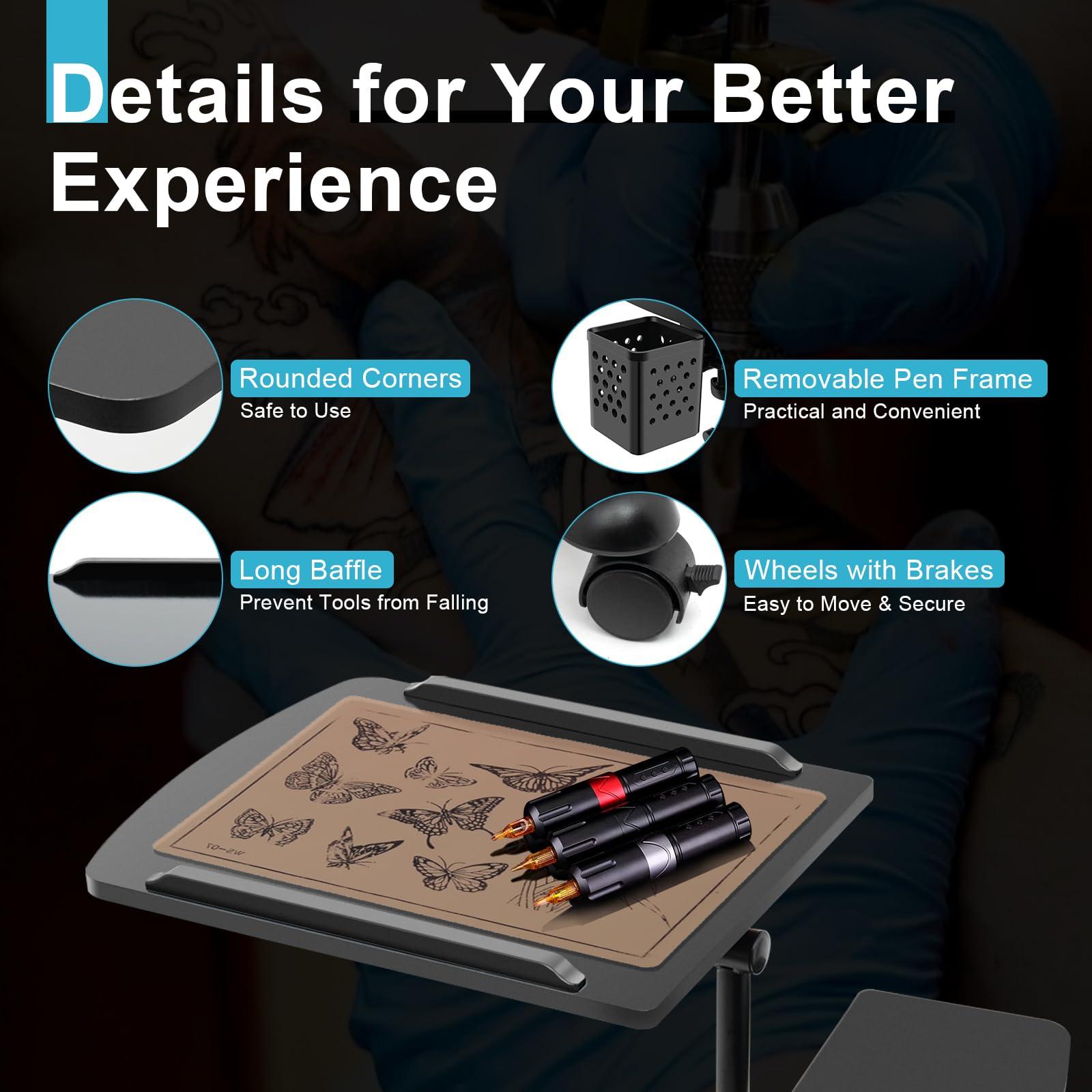 SNKOURIN Tattoo Workstation, Portable Stable Dental Tray with Universal Wheels, Adjustable Large Tattoo Tray Rolling Mobile Work Station Stand, Salon Rolling Tray for Hair Salon Dental Hairstylist Cart