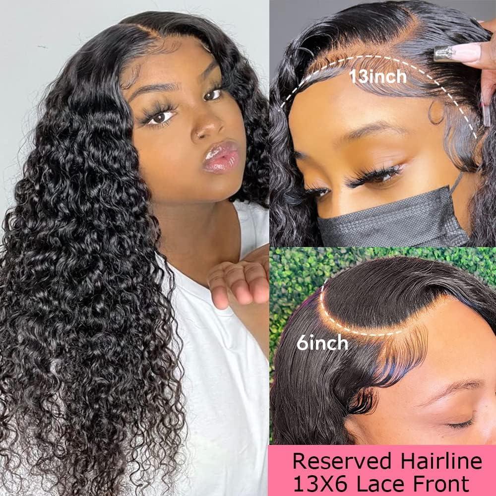 FKFO 13x6 HD Transparent Lace Front Human Hair Wigs For Black Women Mongolian Deep Curly Lace Front Wig Human Hair Pre Plucked Deep Wave Frontal wig Full And Thick (28 Inch, 13x6 Lace Front Wig Human Hair)