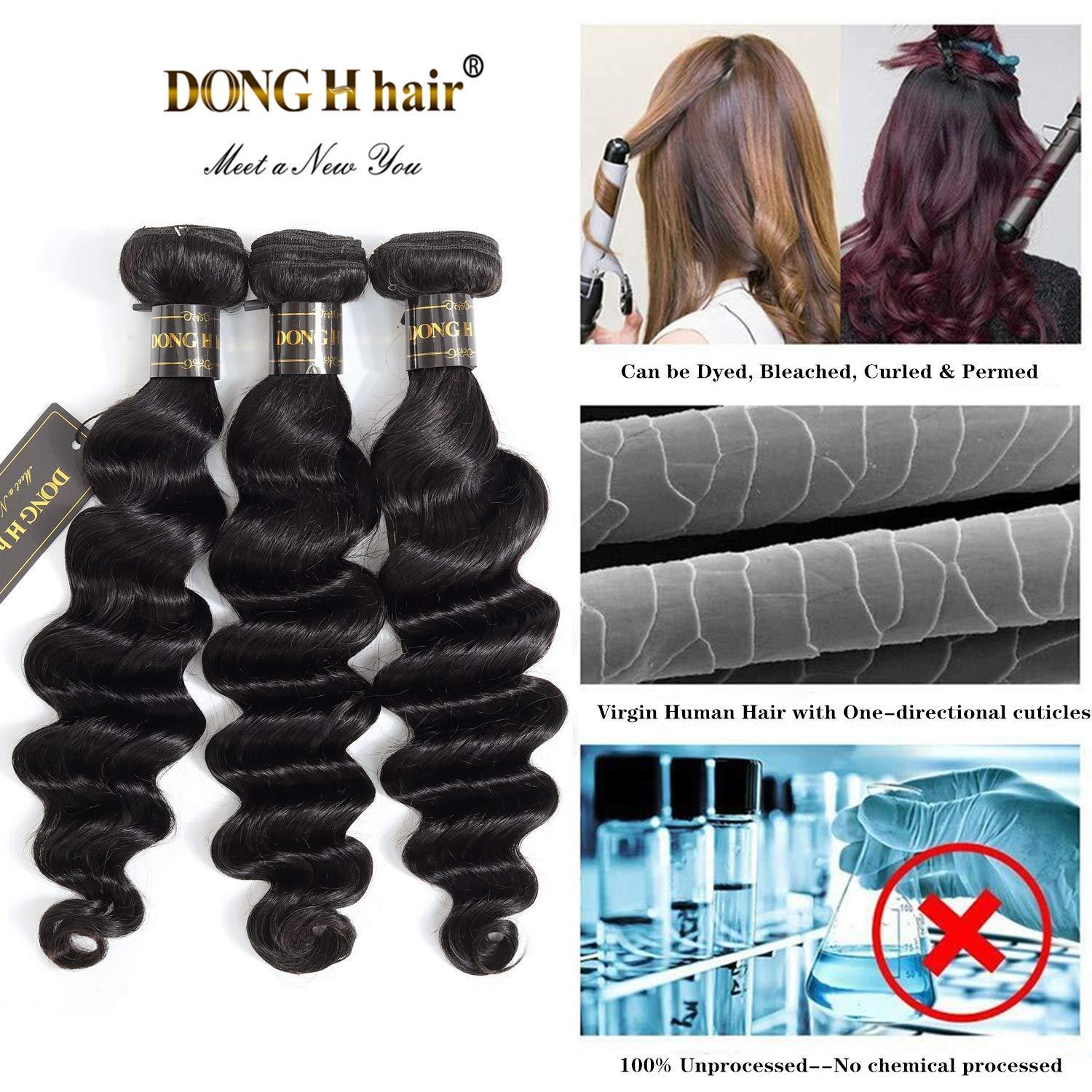 DONG H hair Peruvian Loose Deep Wave Bundles with Closure, (18 20 22 with 16 Closure) Long Loose Deep Curly Hair 10A Peruvian Virgin Human Hair 3 Bundles with 4x4 Top French Lace Closure with Baby Hair