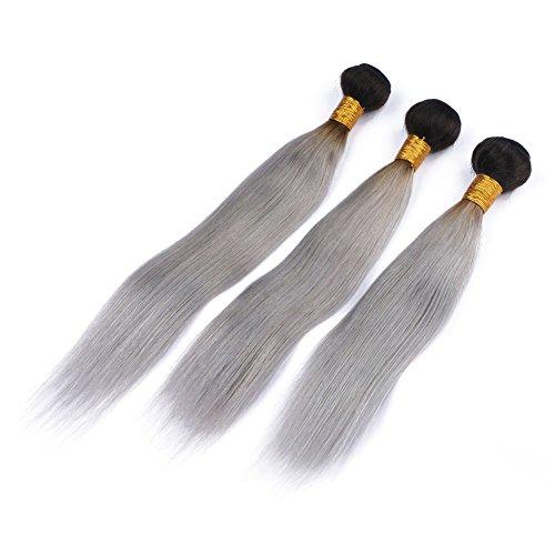 Generic Silver Grey Ombre Straight Human Hair Bundles Dark Roots Virgin Peruvian Human Hair #1B/Grey Ombre Weave Bundles 3Pcs Black to Grey Ombre Virgin Hair Weft Extensions 10-30" (14 16 16)