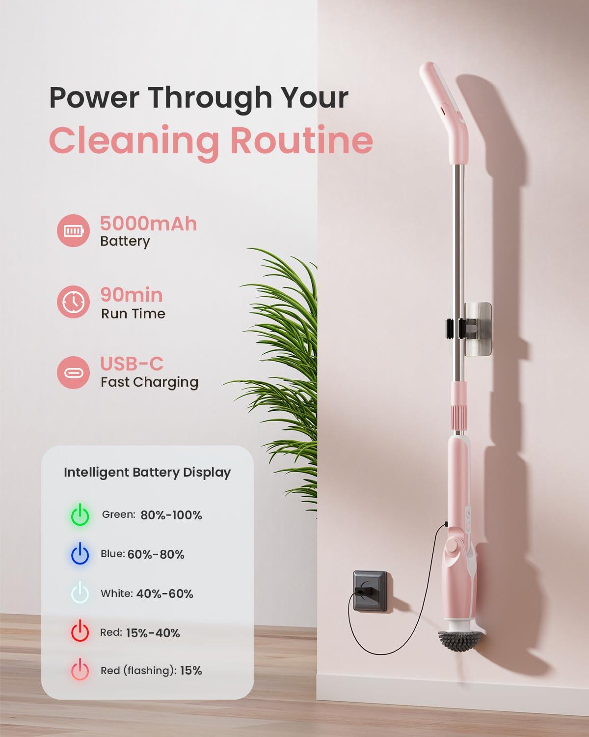 Leebein Leebein Electric Spin Scrubber, Shower Scrubber with 4 Adjustable Angles and 8 Brush Heads, Electric Scrubber with Long Handle & Remote Controller, Cleaning Brush for Bathroom, Tub, Floor (Pink)