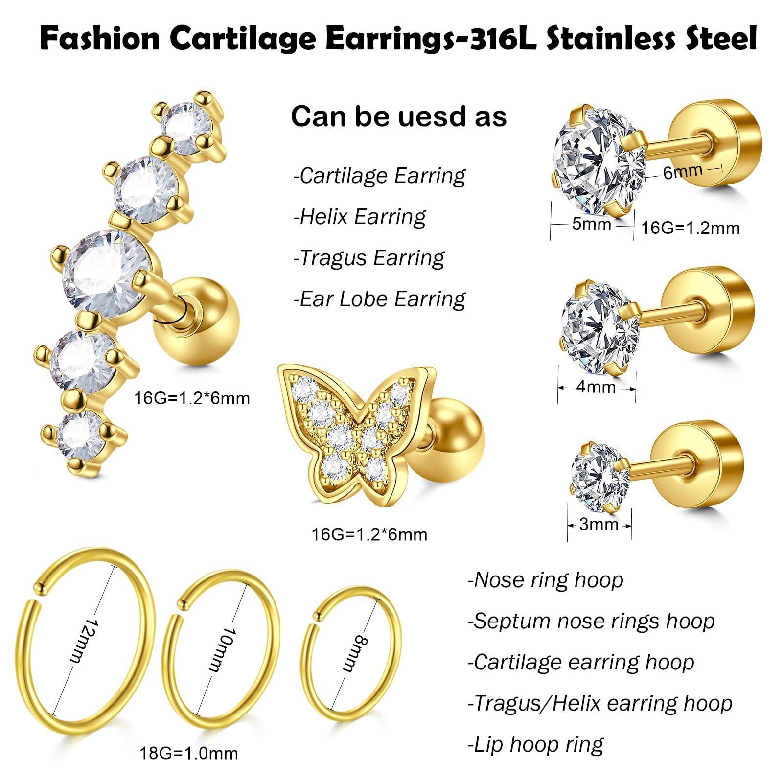 JIESIBAO JIESIBAO Professional Gold Cartilage Ear Piercing Gun Kit with 16G CZ Earring Studs 3mm 4mm 5mm,Cartilage Earrings with Butterfly Studs and Versatile Hoop Earrings 8mm 10mm 12mm