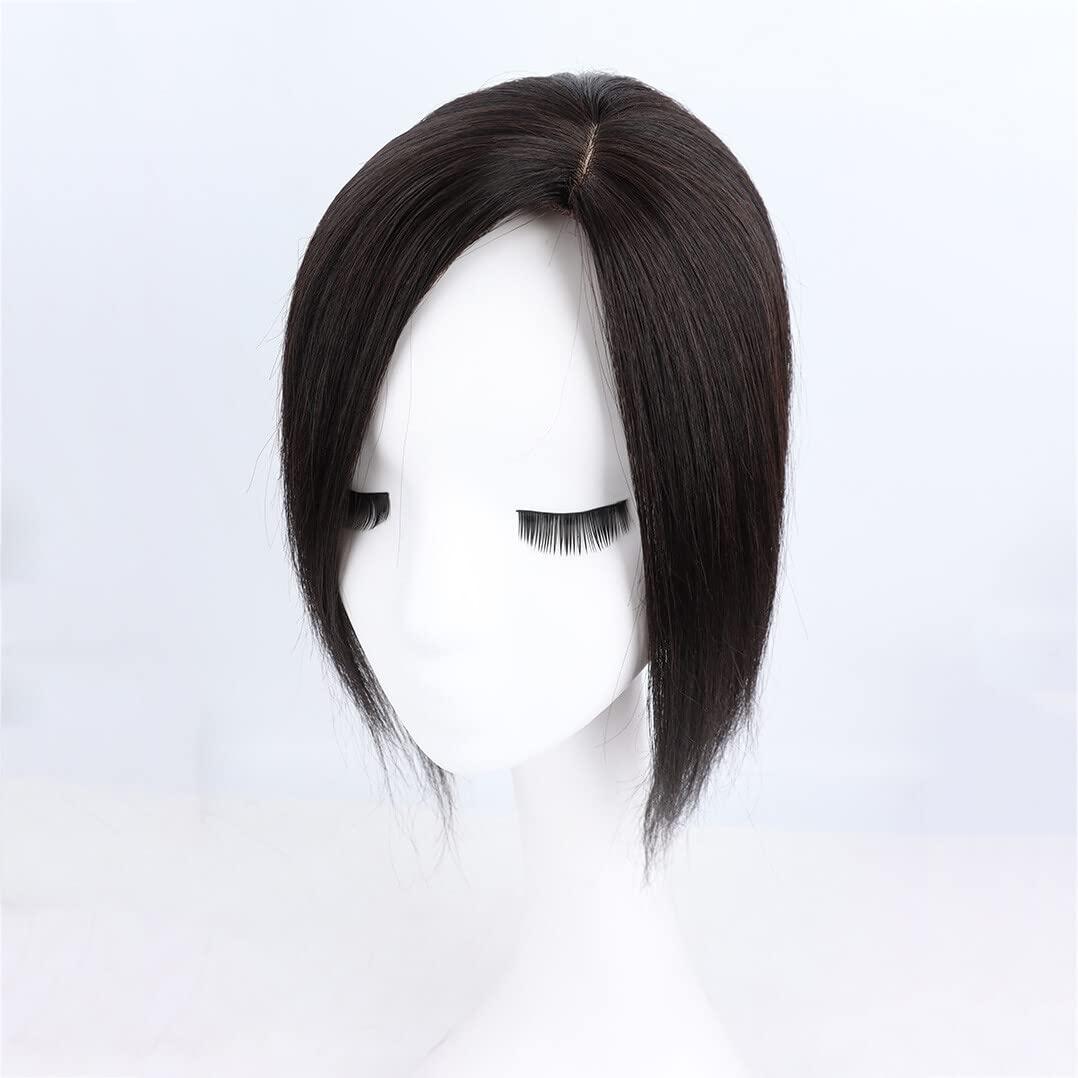 LesafeV LesafeV Straight Silk Base Human Hair Topper One Piece Side Part Forehead Closure With Clips (20cm/Right Part Black)