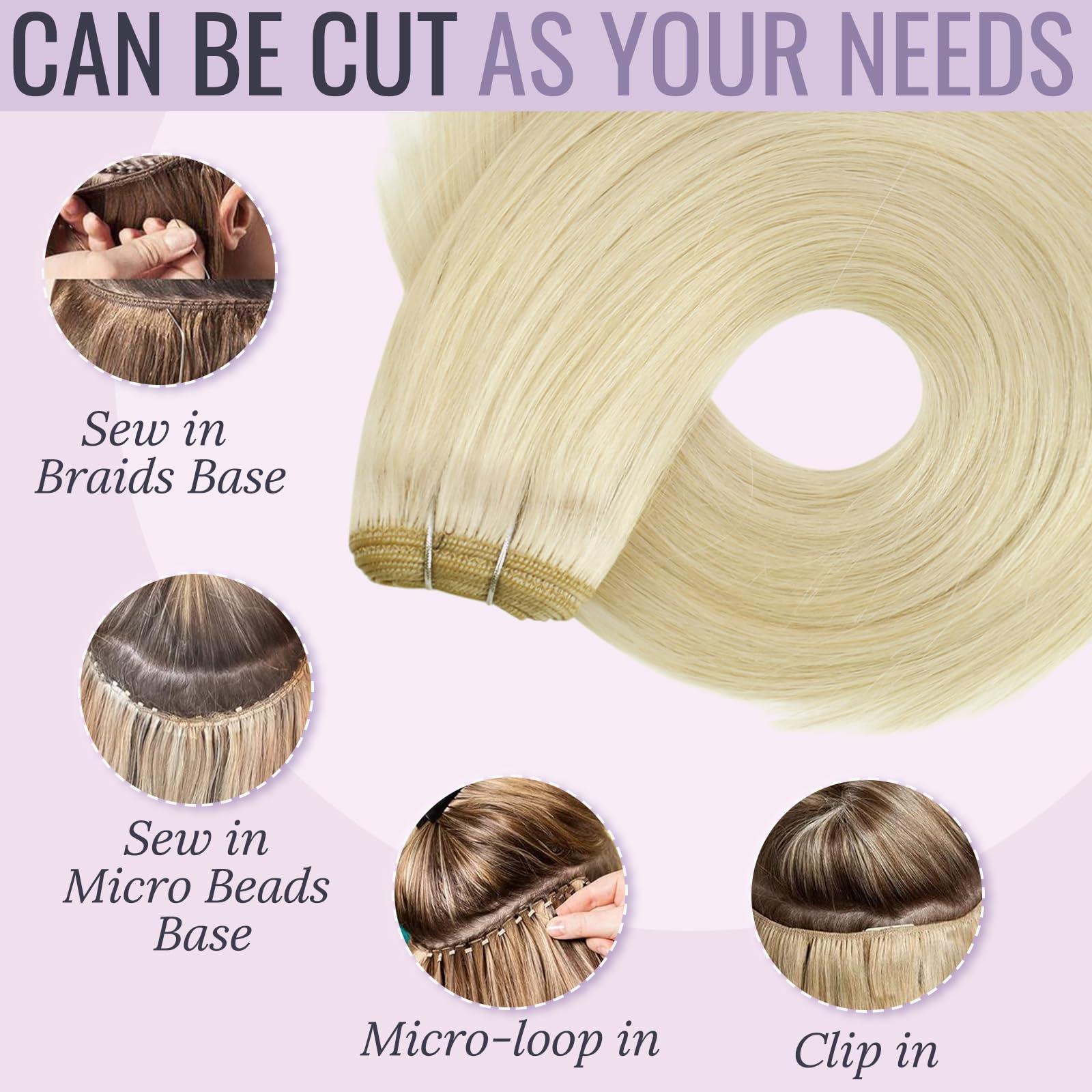 Fshine Fshine Platinum Blonde Weft Hair Extensions Sew in Human Hair 20 Inch 100 Gram Blonde Sew in Hair Extension Double Weft Straight Real Human Hair Bundle for Women