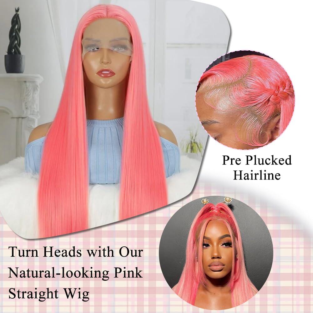 MUGOHK MUGOHK Pink Lace Front Wig - Human Hair, 24 Inch, Straight, HD Lace Frontal, Pre-Plucked with Baby Hair, 150 Density