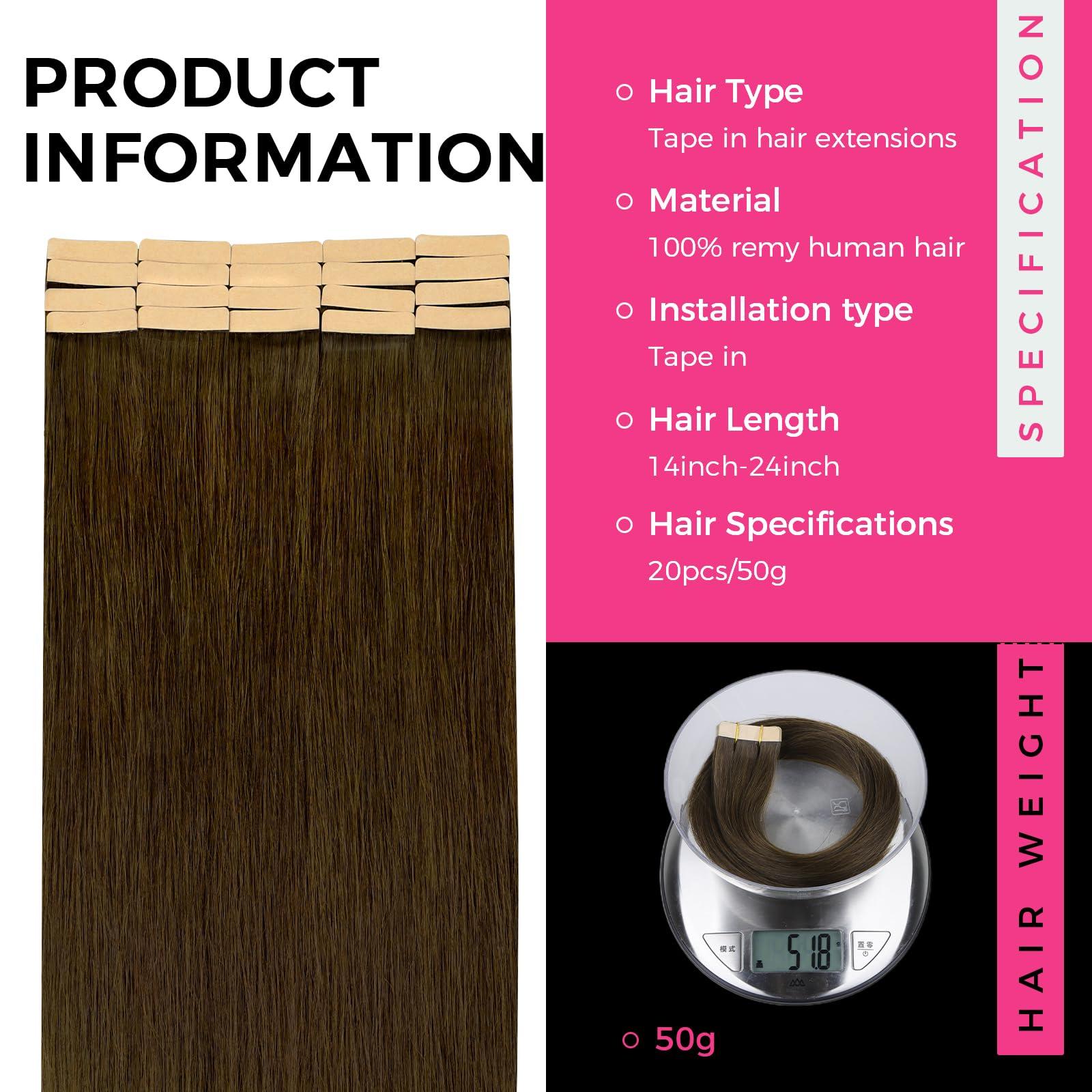 Lashey Lashey Tape in Hair Extensions Human Hair 50g 20pcs 16 Inch Chocolate Brown Tape in Extensions with Double-Side Tape Straight Invisible Tape in Hair Extensions for Women