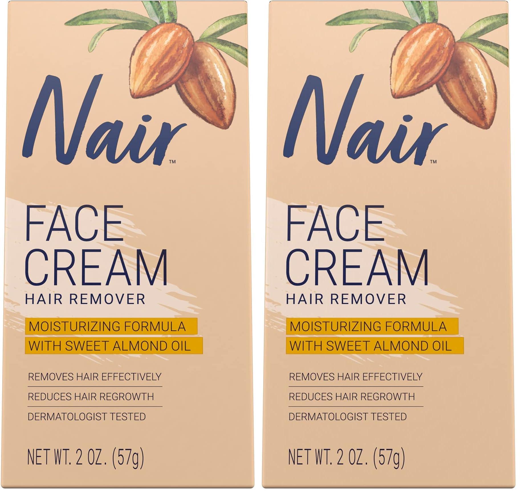 Nair Nair Hair Remover Moisturizing Face Cream, with Sweet Almond Oil, 2OZ (Pack of 2)