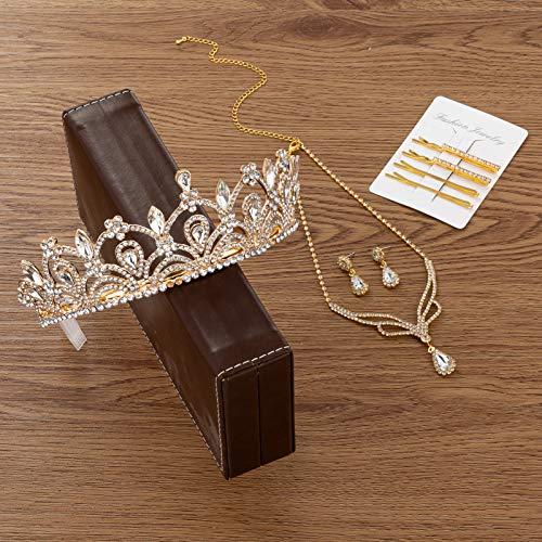 Weddingtopia Weddingtopia Gold Tiaras and Gold Crowns Wedding Tiaras Gold and Gold Crowns Plus Wedding Necklace set For Free– Bridal Gold Tiara Crown with side combs Birthday Gold Tiara and Crowns (Gold Clear)