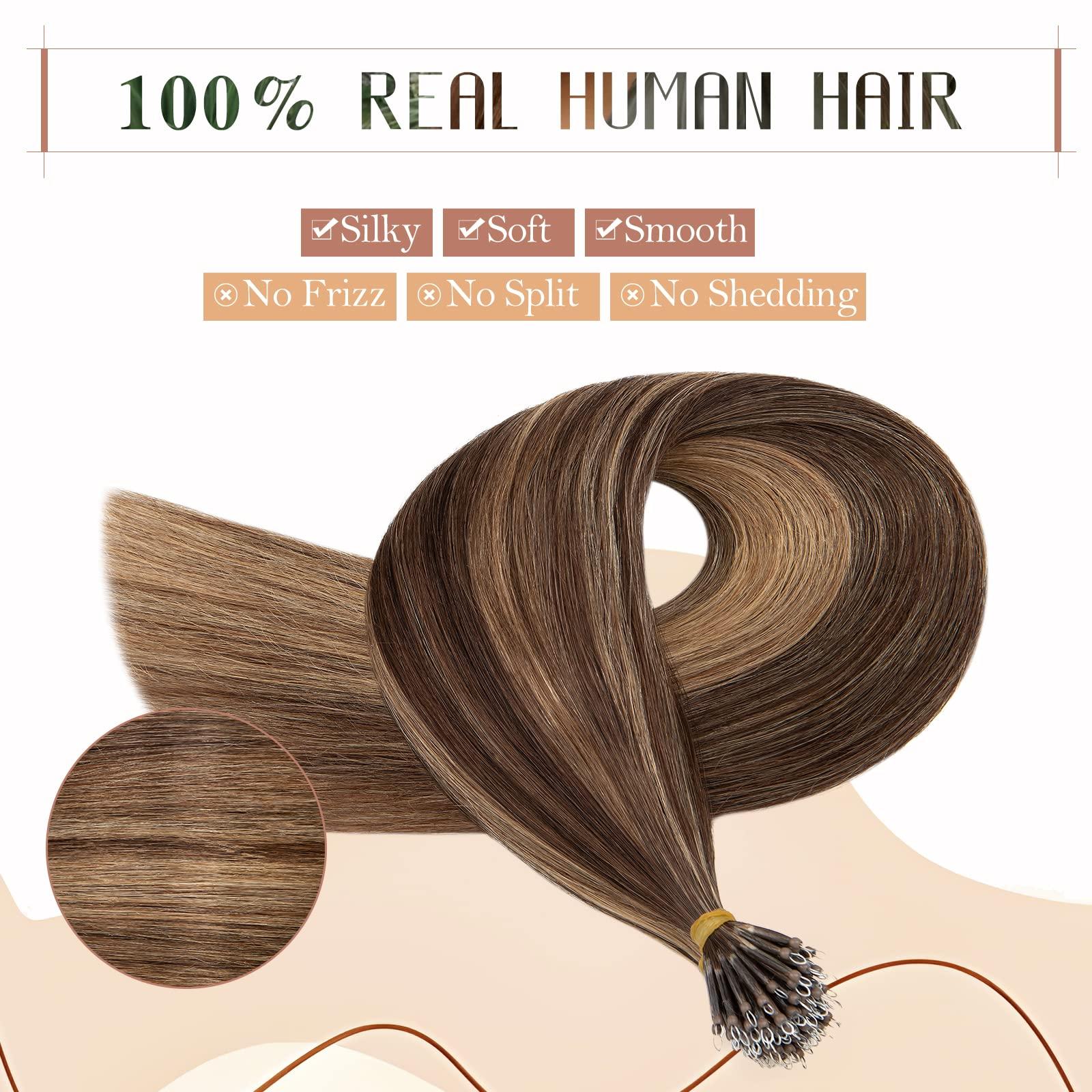TESSHAIR TESSHAIR 18 Inch Nano Bead Hair Extensions Human Hair, Nano Ring Hair Extension 100% Real Human Hair, Natural Can be Washed Curled Dyed Permed, 50 Strands 50g #4P27 Medium Brown & Dark Blonde