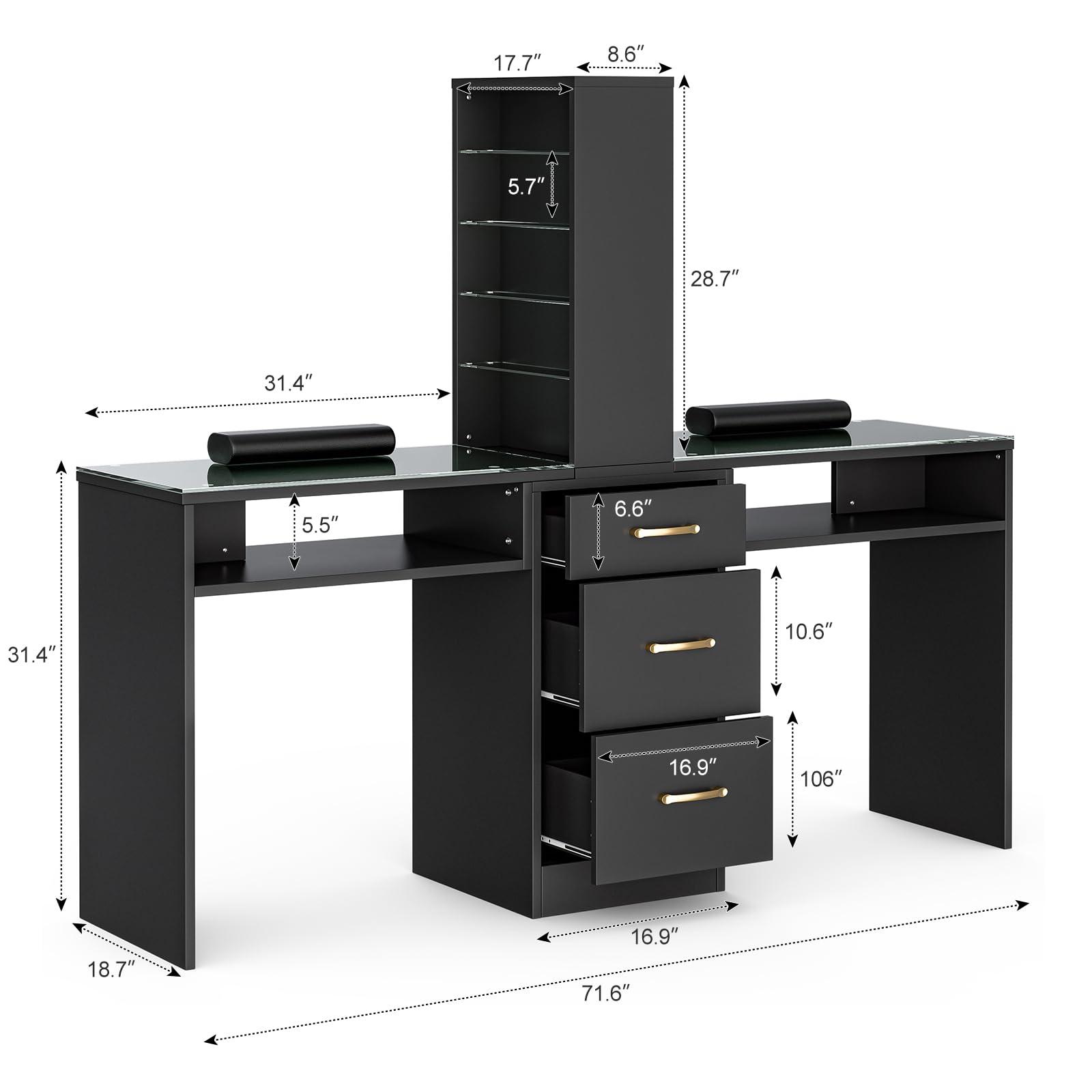 Paddie Paddie Double Manicure Table, Nail Desk for Nail Tech w/Glass Top & Wrist Rest, Nail Beauty Workstation w/3 Storage Drawers & 8-Tiers Open Shelves(Black)