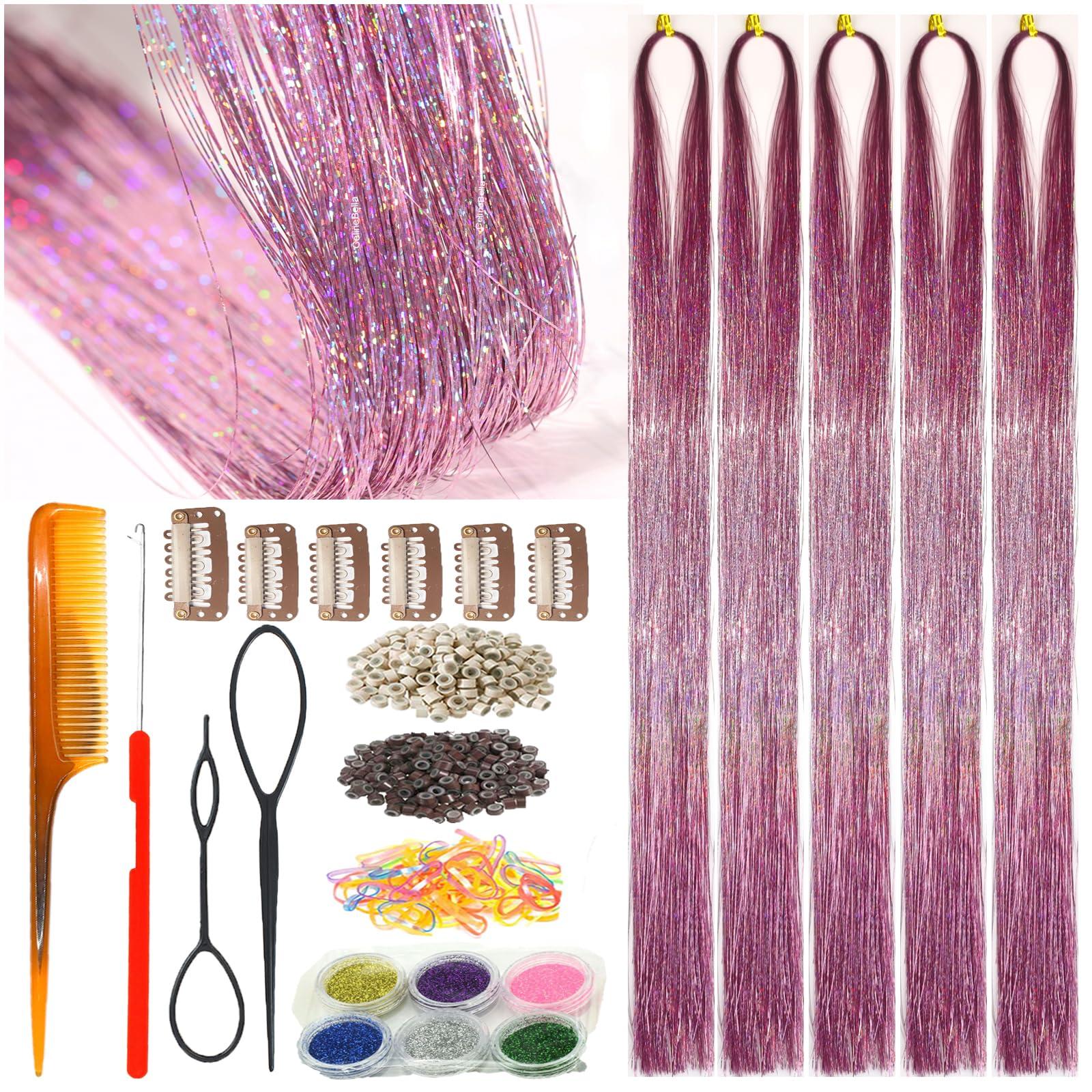 CelineBella CelineBella Pink Hair Tinsel Fairy Hair Extensions Kit Sparkling Shiny Highlights Glitter Light Pink Tinsel Hair Extensions for Women Girls Children