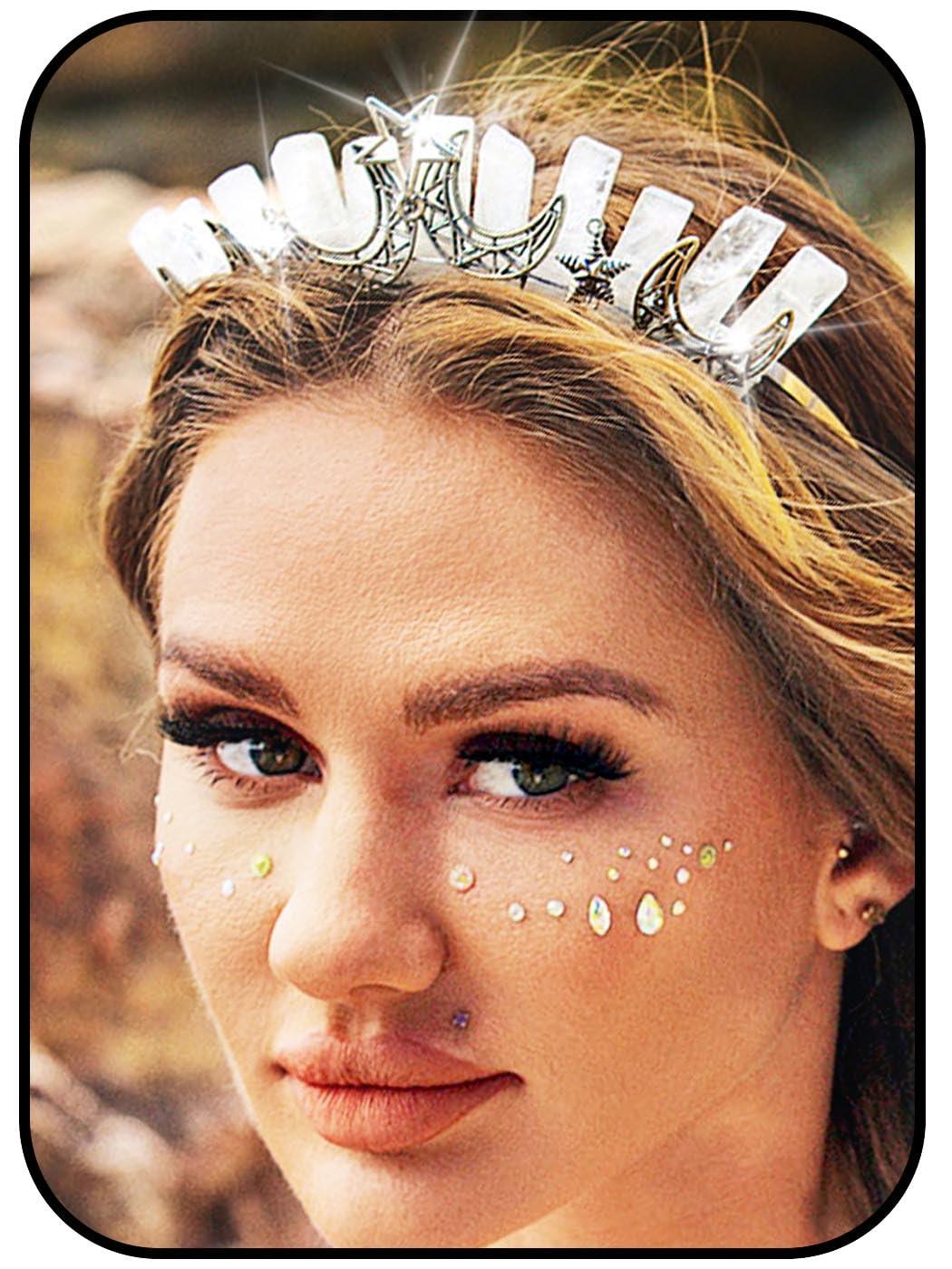 Formery Formery Star White Quartz Headband Silver Crescent Moon Natural Stone Crown Hairband Halloween Cosplay Wedding Crystal Tiara Headpiece for Women