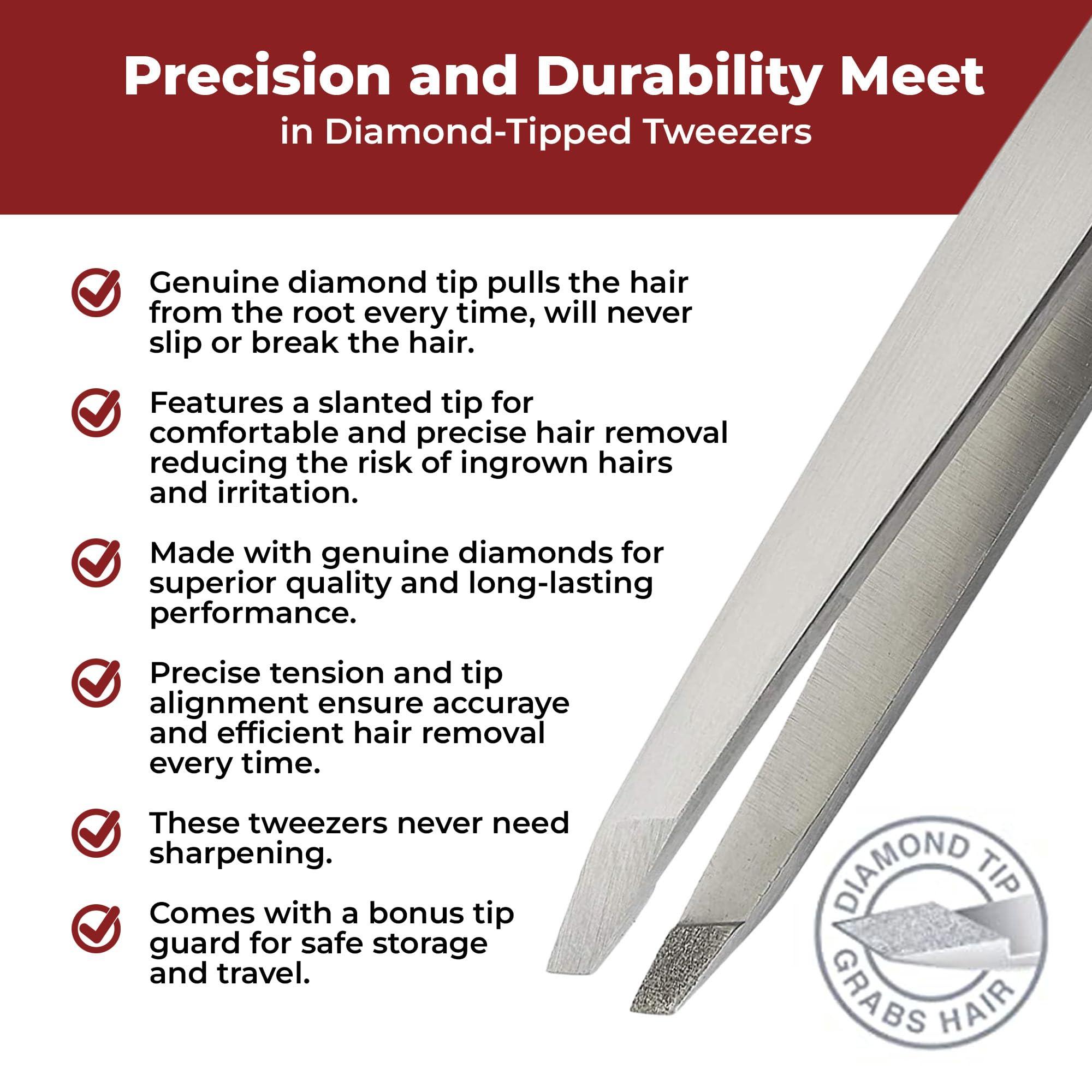 Regine Switzerland World\'s Best Tweezers Diamond Tip - Diamond Coated Slant Precision Tweezer for Eyebrow, Facial & Ingrown Hair Removal - Suitably Aligned Stainless Steel Tool Grabs Hair from the Root