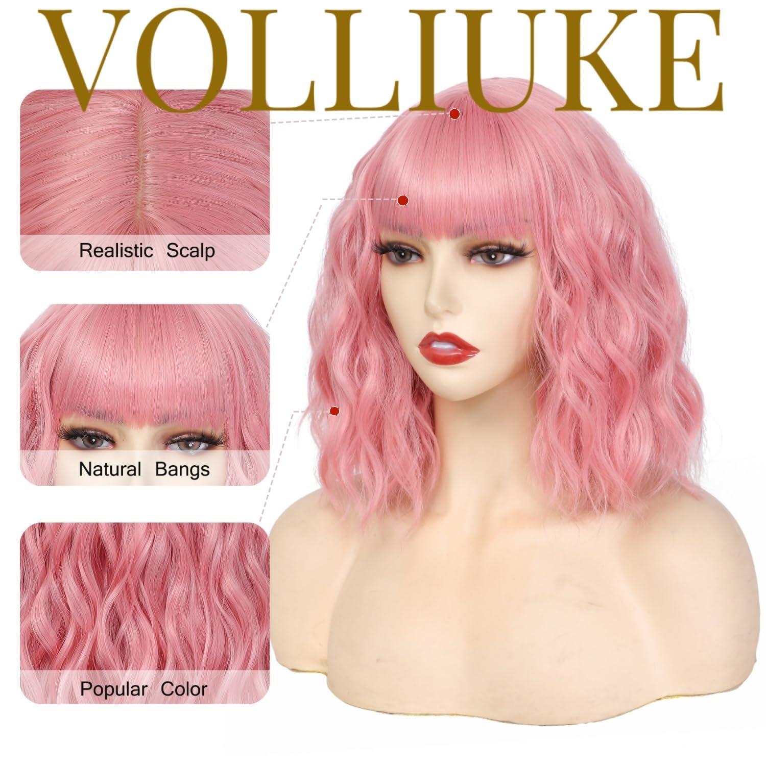 VOLLIUKE VOLLIUKE Short Pink Bob Wavy Wig with Bangs for Women Shoulder Length Women\'s Charming Synthetic Wigs with Natural Wavy Pink Heat Resistant Fiber Wig for Daily Party Use