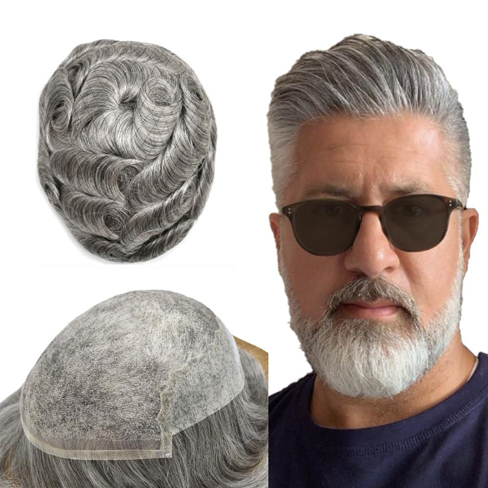 Hair Wonders Toupee For Men Real Human Hair Mens Toupee Hair Replacement System Swiss Lace Hair Piece For Men Hair System Protesis Capilar Para Hombre7x10\'\'-100% light to Medium density#1B80 1B# OFF BLACK+80%GREY