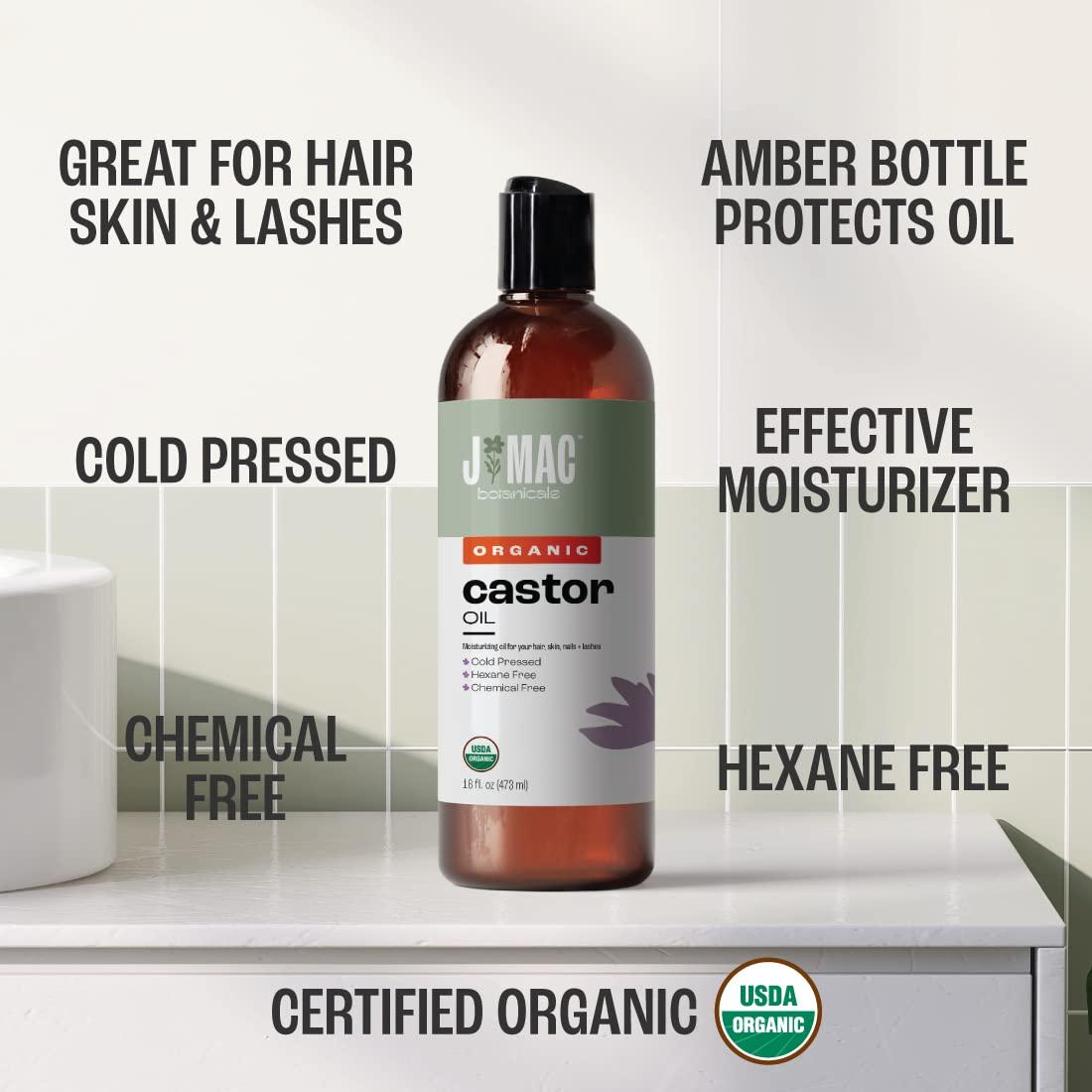J MAC BOTANICALS Organic Castor Oil, Cold Pressed (16 oz) BPA Free, Castor hexane free, for face, skin, eyelashes, Certified USDA Organic