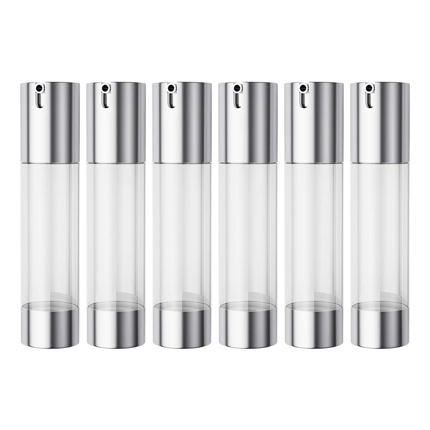 longway LONGWAY 1.7oz/50ml Airless Pump Bottles Silver Airless Cosmetic Cream Pump Bottle Travel Size Dispenser Refillable ContainersPack of 6