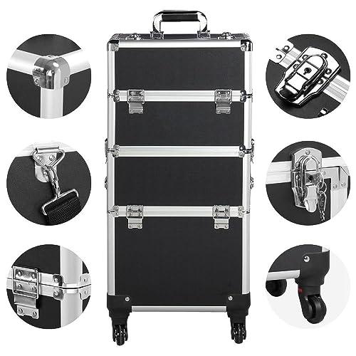 Yaheetech Yaheetech Rolling Makeup Train Case 3 in 1 Cosmetic Makeup Case Large Aluminum Trolley Makeup Travel Case Professional Rolling Cosmetic Beauty Storage, with 360 Swivel Wheels, Black