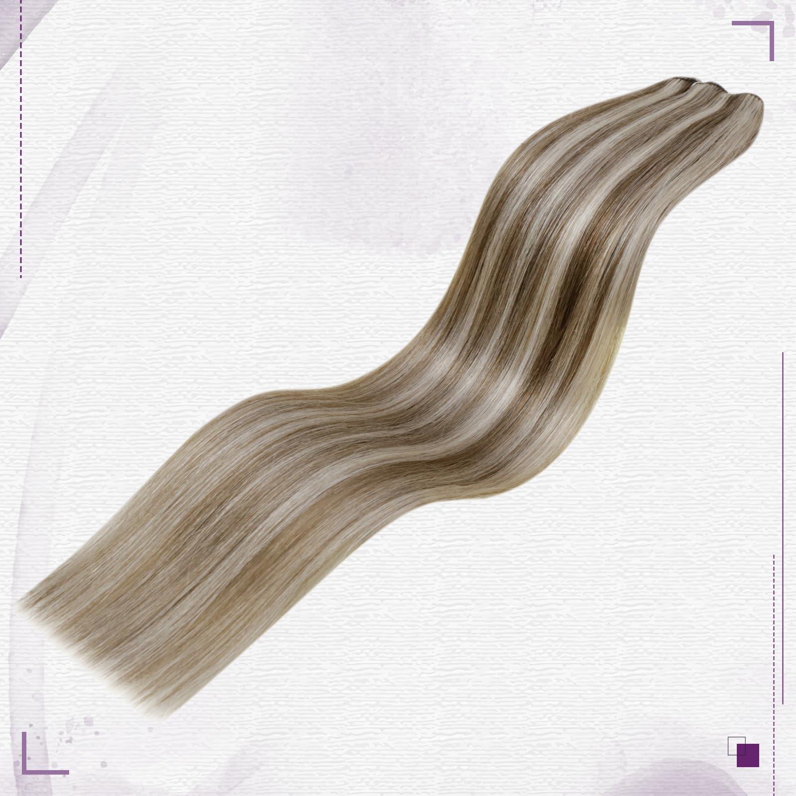 LAAVOO LaaVoo Beaded Weft Hair Extensions Human Hair Micro Bead Hair Extensions Real Human Hair Light Brown with Platinum Blonde Beaded Weft Human Hair Extensions Straight Weft Extensions 50G 20Inch