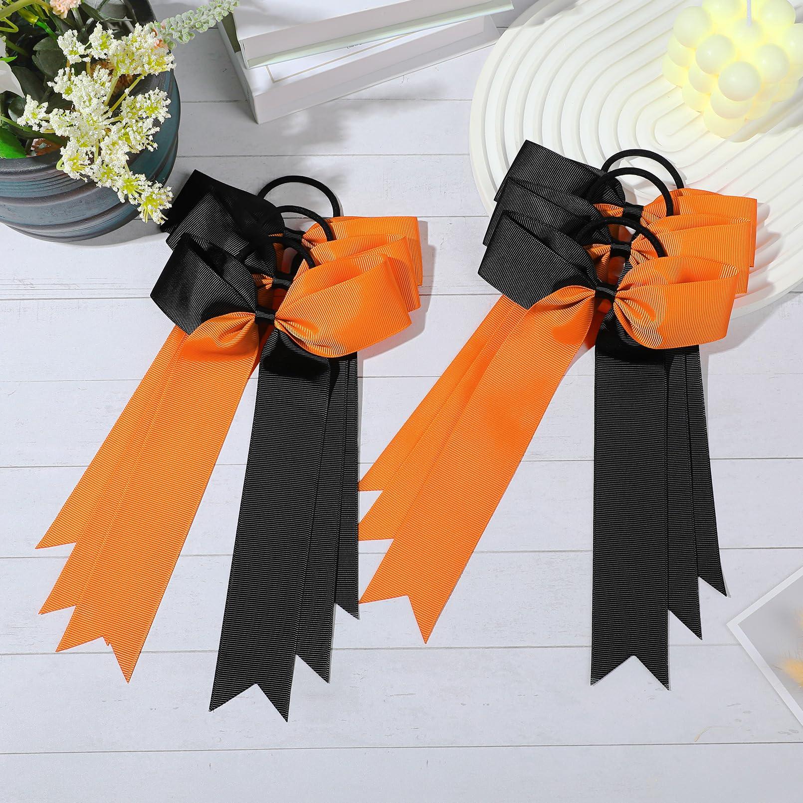 DEEKA DEEKA 16 PCS Collegiate Style Ponytail Holders - Long Tail Skinny Handmade Bows for Girls, Teens, Softball, Cheerleaders - Orange/Black