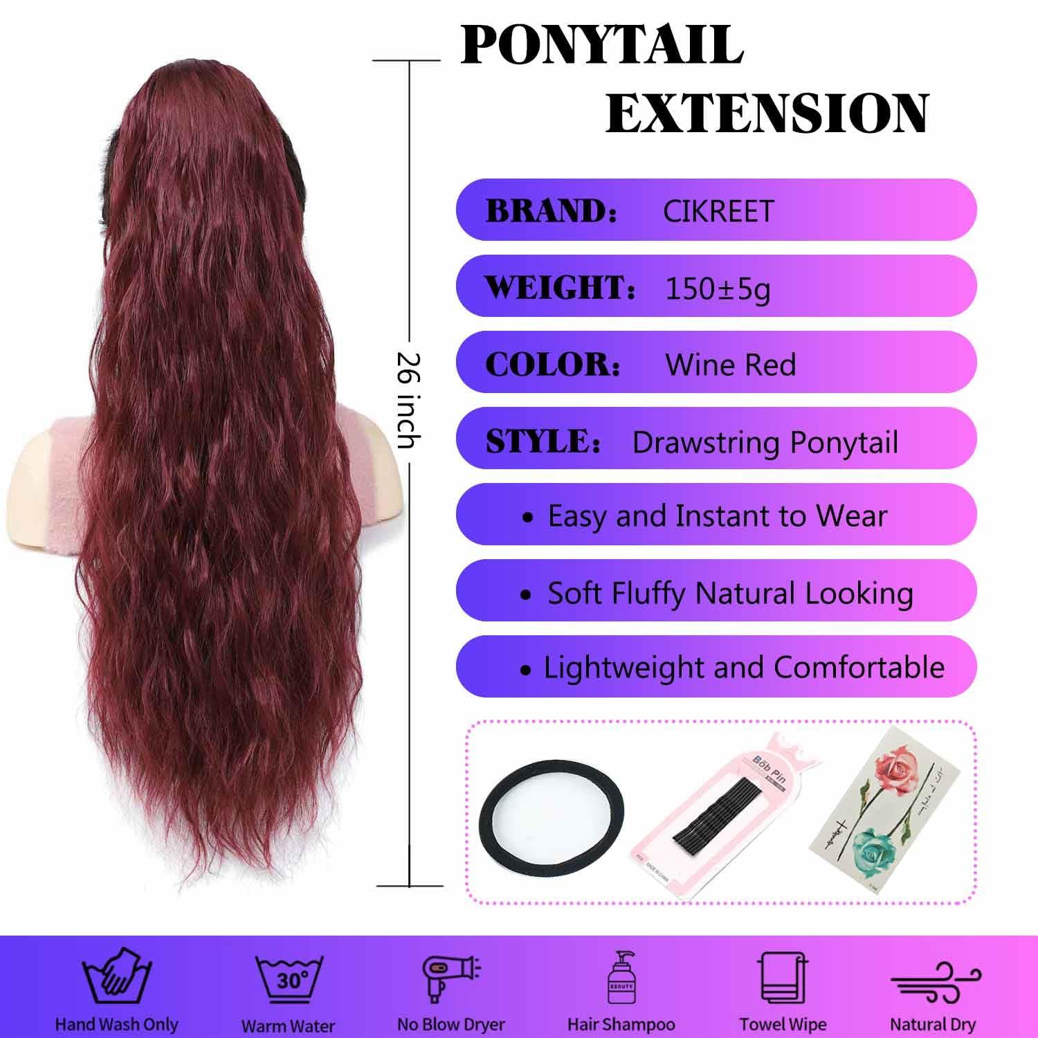 CIKREET Wine Red Ponytail Extension Drawstring Ponytail Curly Ponytail Extension for Women Pony Tails Hair Extensions 26 Inch Long Ponytail Extension Clip in Ponytail Hair Extensions Ponytail Hair Pieces