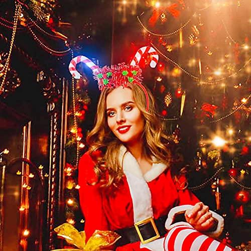 HIPIHOM HIPIHOM 2Pcs Christmas Headbands Light Up Candy Cane Headband Novelty Headbands for Christmas Party Holiday Favors