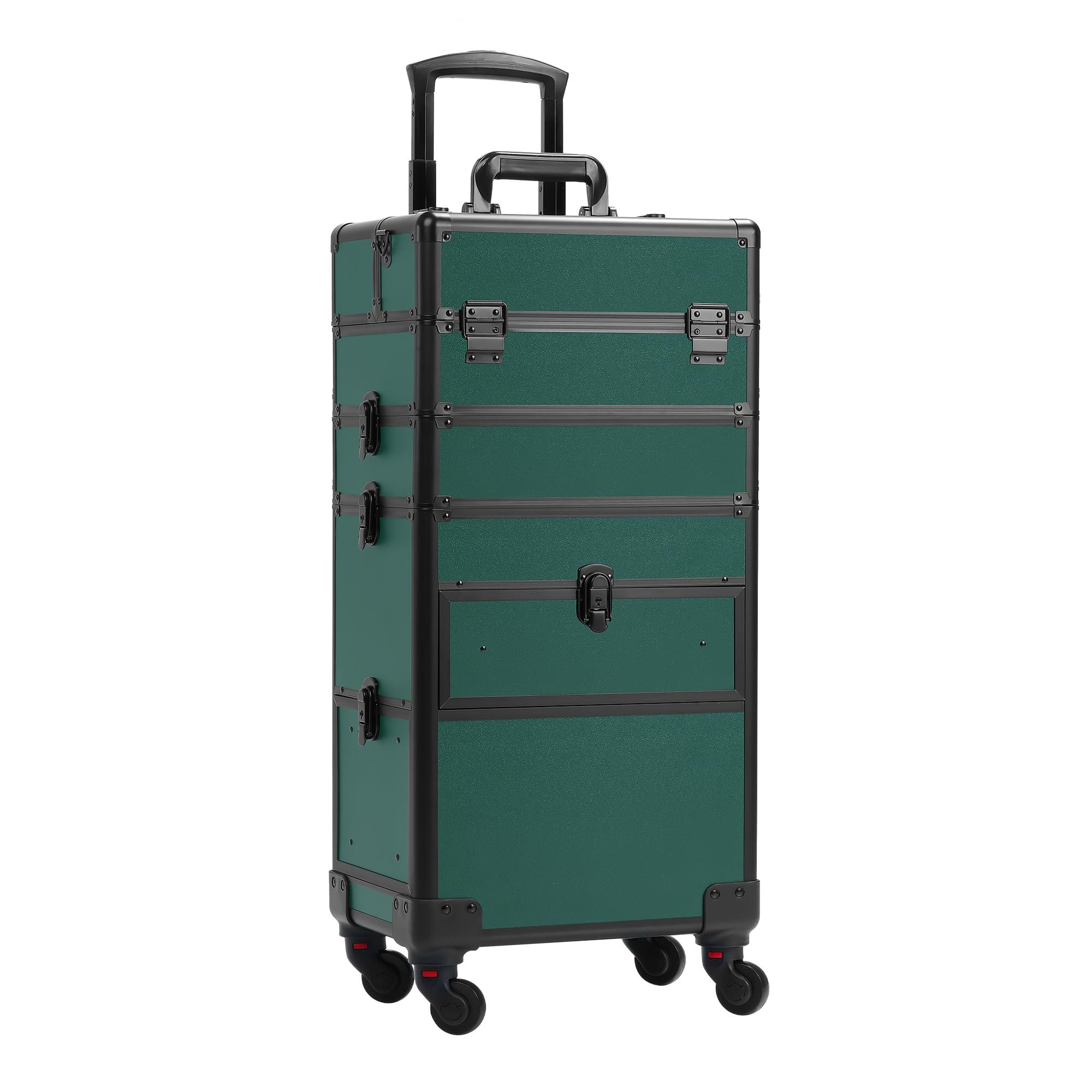 Somduy Somduy Rolling Makeup Case with Drawer, Makeup Train Case, 4 in 1Cosmetology Case on Wheels, Christmas Gift, Large Makeup Case Organizers, Profesional Cosmetic Case for Salon Barber, Green
