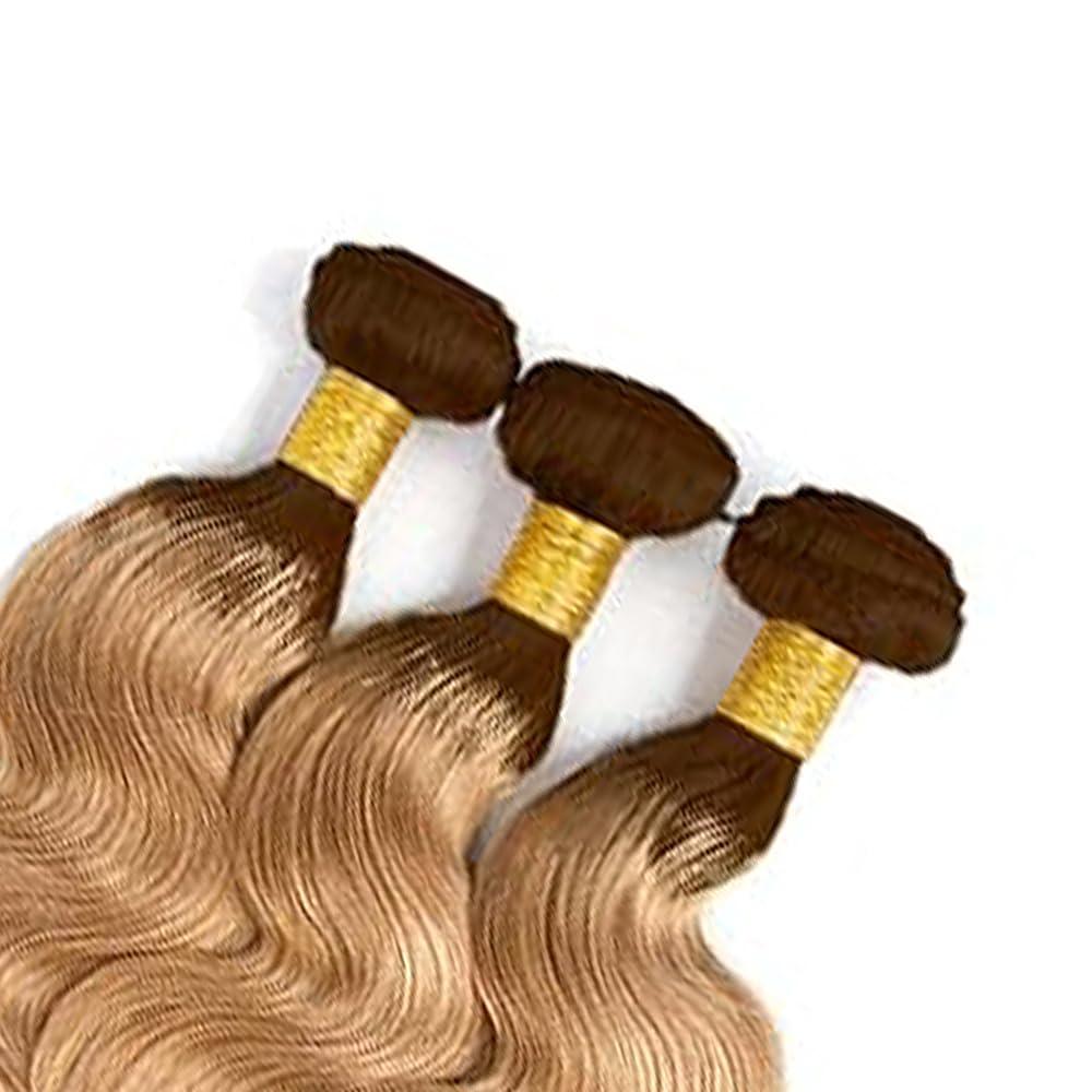 GveoXvo T4/27 Human Hair Bundles - Blonde Body Wave, Peruvian Grade 8A Virgin Hair, Mixed Length 20-24 Inch, 2 Tone Brown & Honey Blonde, 300g