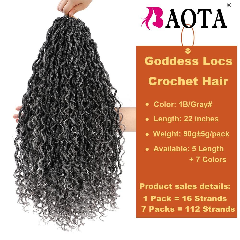 BAOTA Goddess Locs Crochet Hair 22 Inch 7 Packs Ombre Gray Crochet Hair Boho Locs Pre Looped Faux Locs Crochet Hair for Women Curly Crochet Goddess Locs (T1B/Gray#)