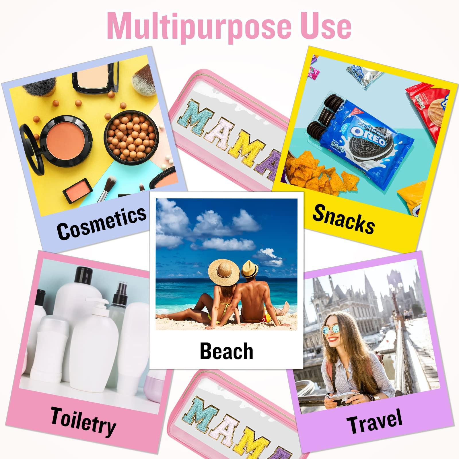 izuzta Chenille Letter Clear Makeup Bags Mama Pouch, Preppy Patch Makeup Bag with Zipper, Transparent PVC & Nylon Waterproof Portable Glitter Cosmetic Bag Travel Toiletry Storage for Women Girl(MAMA-Pink)