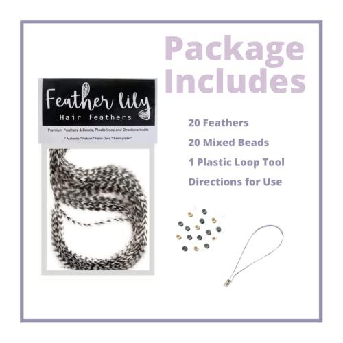 Feather Lily Hair Feathers and Tool Kit, Pink, Purple, Blue and Black & White Striped Feather Extensions with Beads, loop tool and pliers