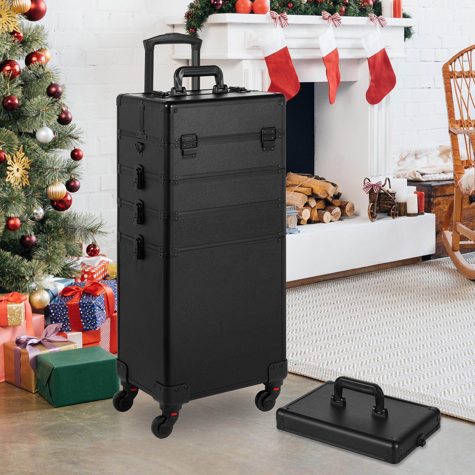 Somduy Somduy Rolling Makeup Case, Makeup Train Case with Lid, 5 in 1 Cosmetology Case on Wheels, Christmas Gift, Large Makeup Case Organizers, Profesional Cosmetic Case for Salon Barber, Black