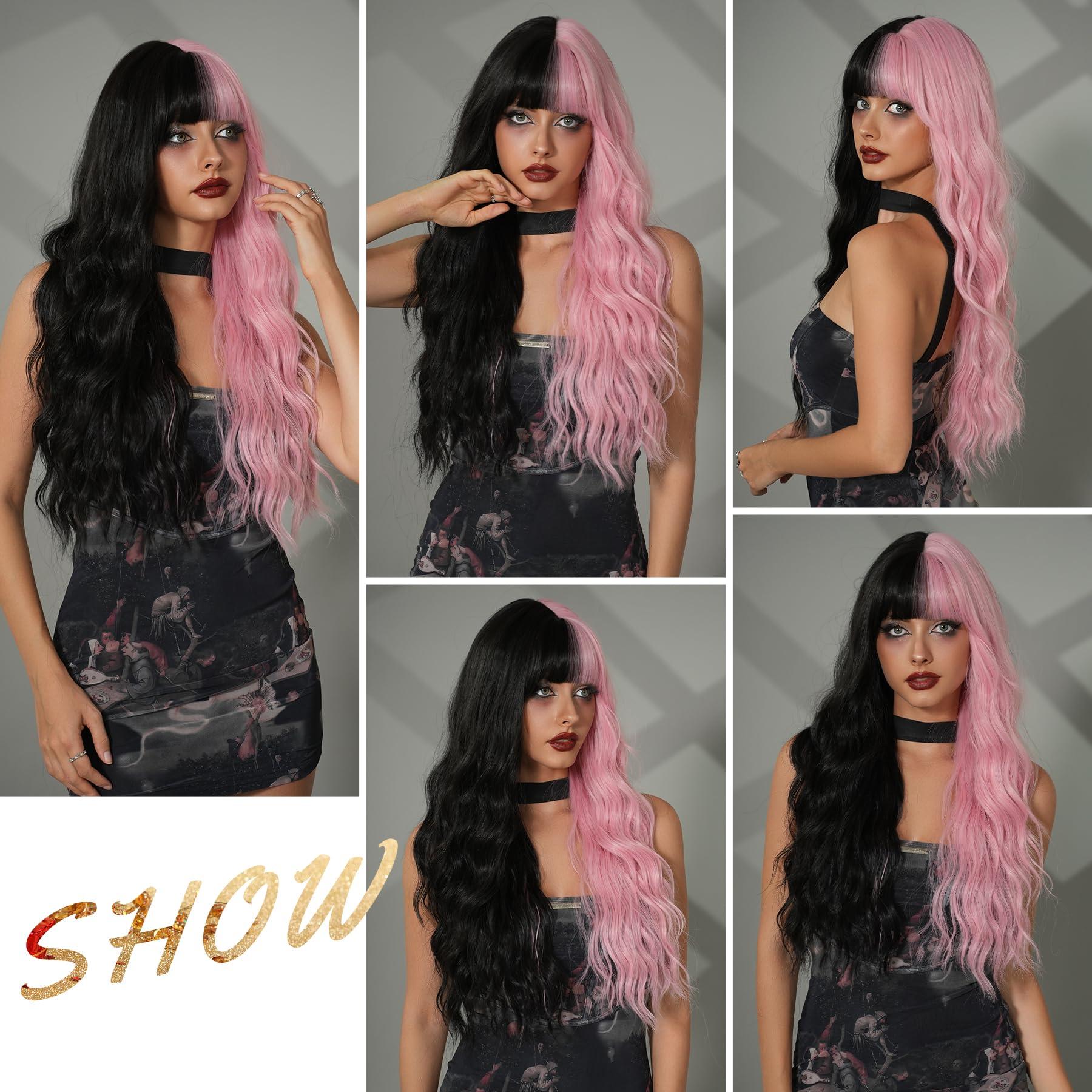 7JHH WIGS 7JHH WIGS 31in Half Black Half Pink Long Loose Wavy Wigs with Bangs Natural Heat Resistant Synthetic Fiber Highlight Ombre Curly Wave Black Pink Women Wigs for Chrismas Daily Party Daily Used