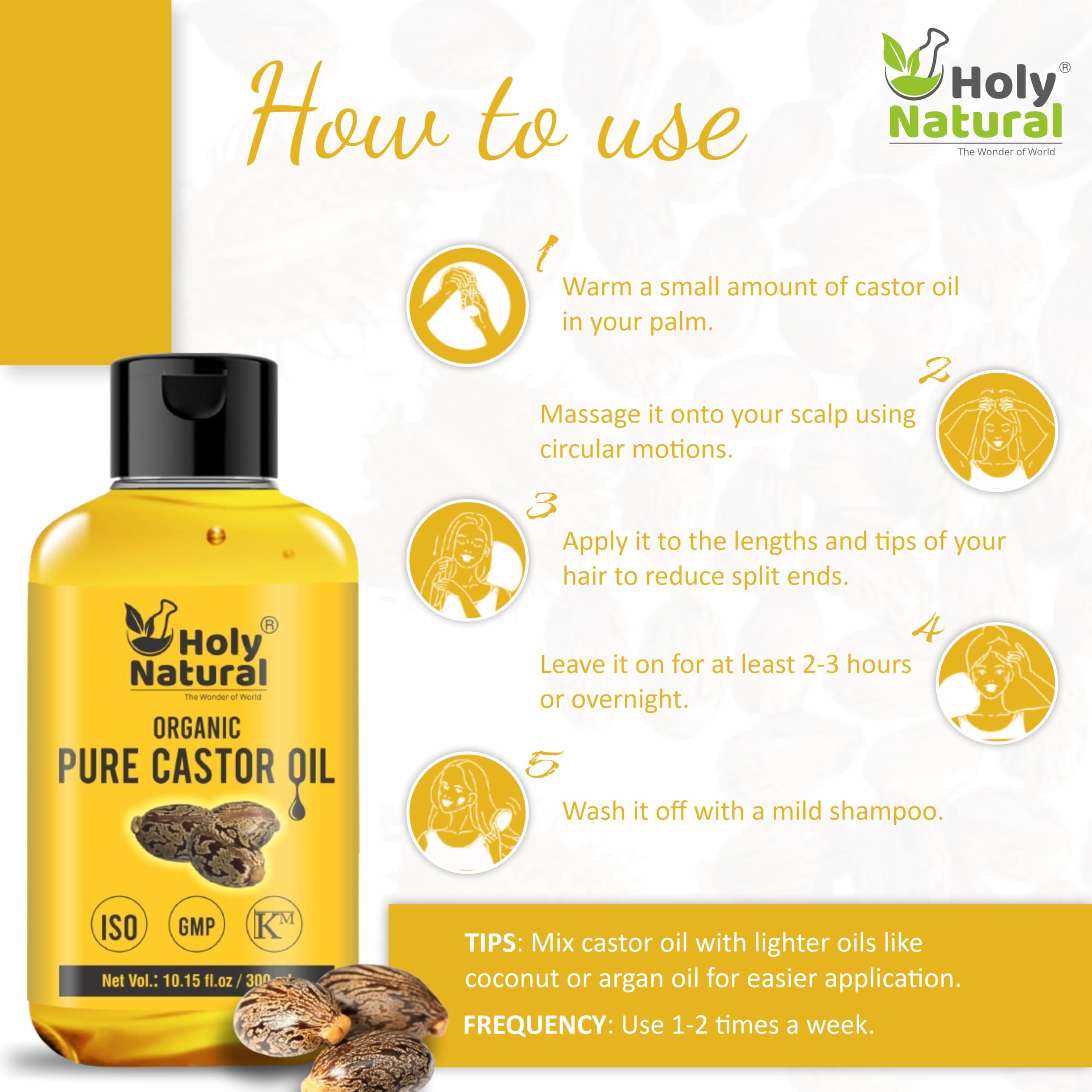 Holy Natural - The Wonder of World Organic Pure Castor Oil (10.15 floz/300 ml) USDA Certified Cold-Pressed, 100% Pure, No GMO, No Heat treatment, Hexane Free Moisturizing & Healing, For Dry Skin,Hair Growth, Massage, Lash Growth