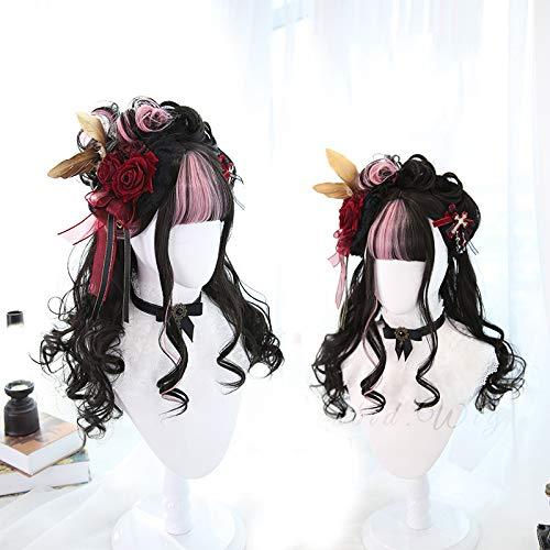 osseoca Pink and Black Color Matching Long Curly Synthetic Hair Wig Sweet Lolita Japanese Cosplay Party Natural Female Princess Wigs