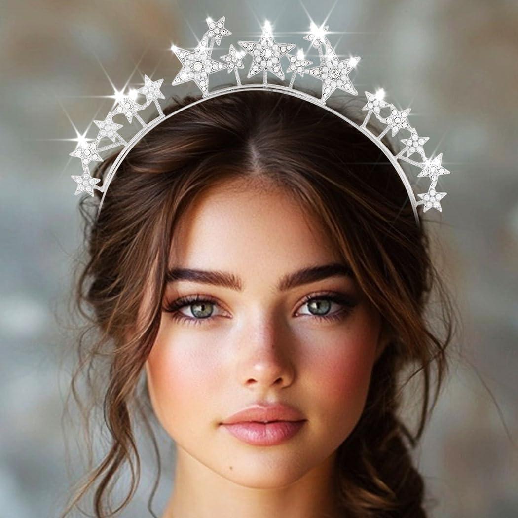 CAKURE CAKURE Star Halo Crown Headband Silver Rhinestone Celestial Wedding Tiaras Crystal Mary Headpiece Party Wedding Hair Accessories for Women and Girls