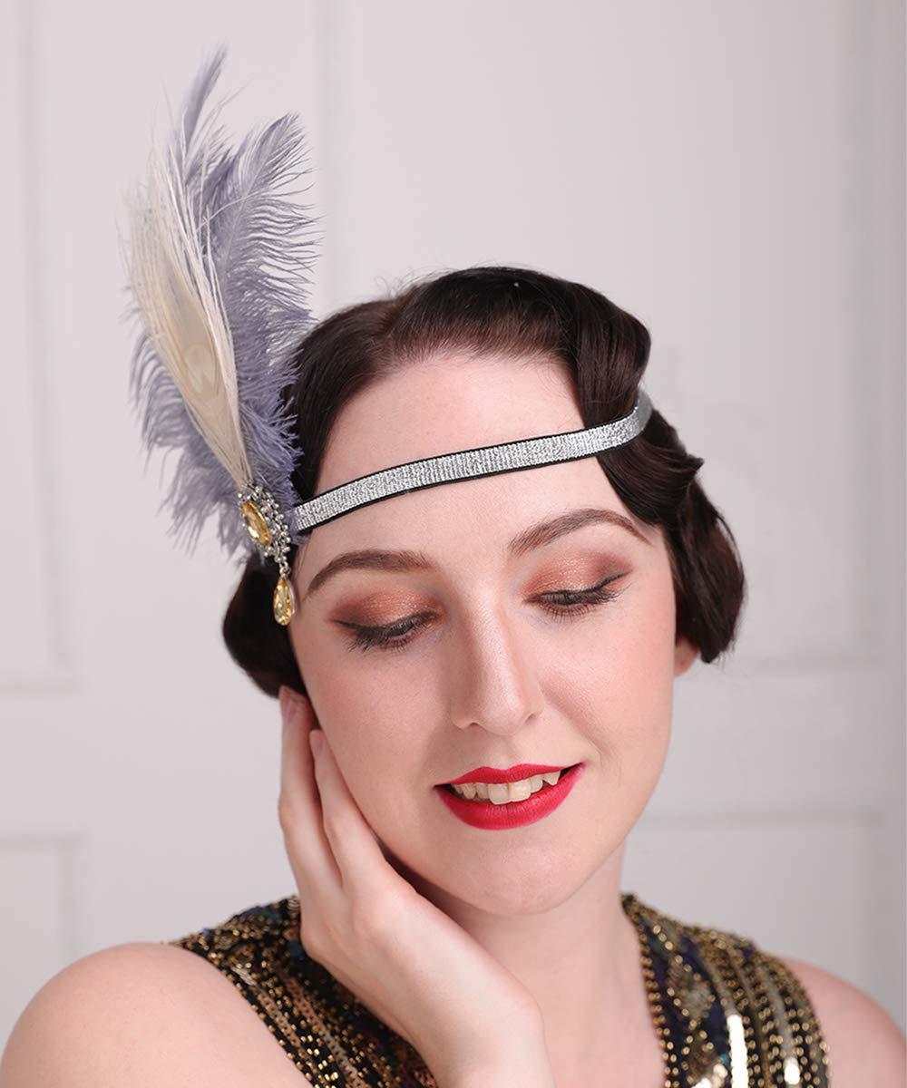 Aimimier Aimimier 1920s Flapper Peacock Feather Headband Gray with Elastic Band Crystal Teardrop Costume Themed Party Feather Headpiece Hair Accessories for Women