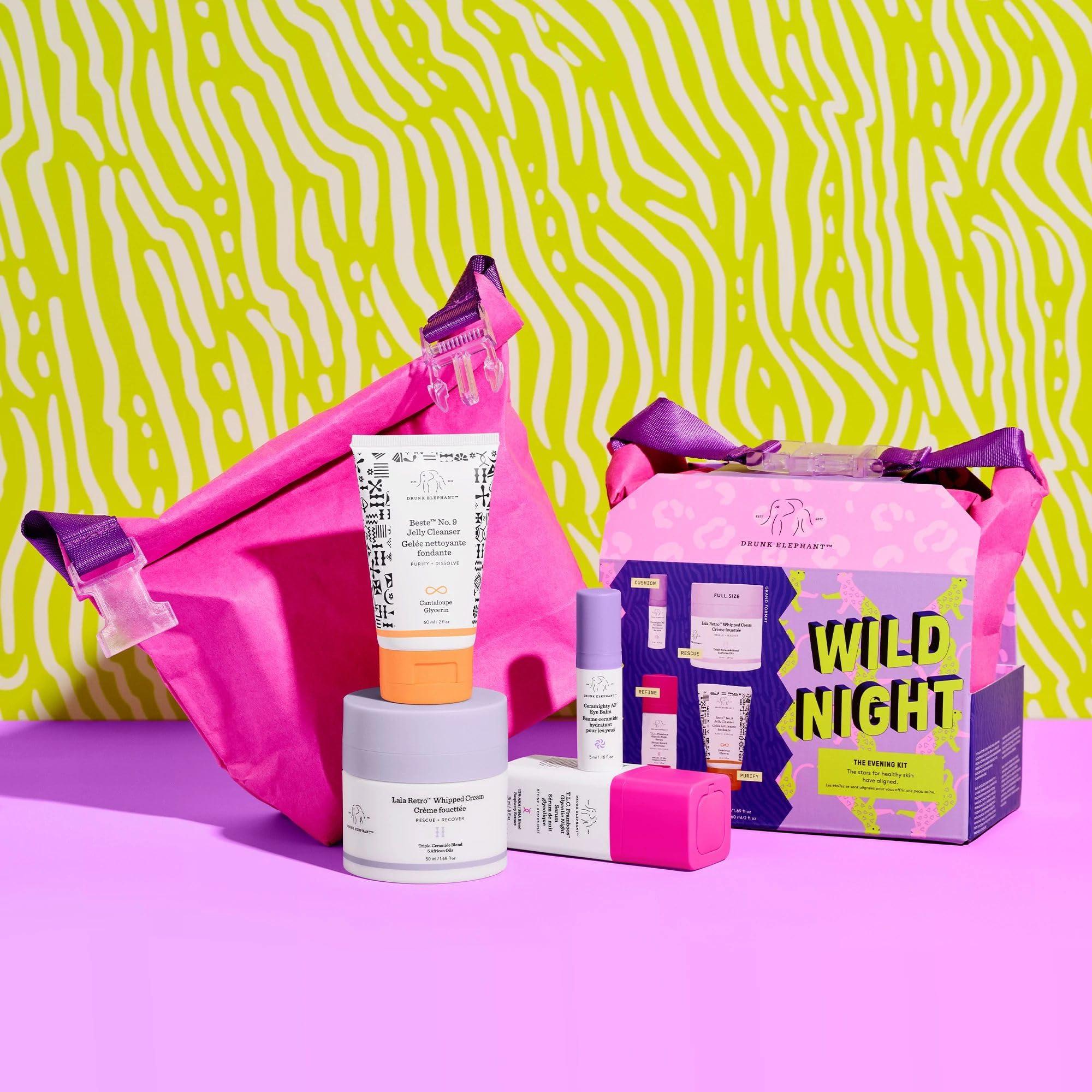 Drunk Elephant Drunk Elephant Wild Night: The Evening Kit: includes Lala Retro Whipped Cream, T.L.C. Framboos Glycolic Night Serum, Ceramighty AF Eye Balm, and Beste No. 9 Jelly Cleanser