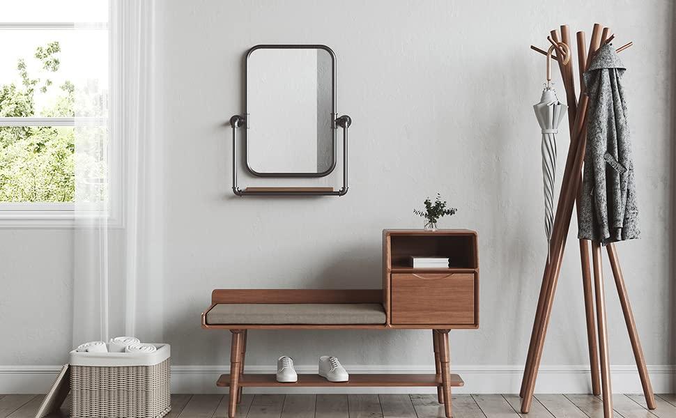 LuuLake LuuLake Rectangle Industrial Black Metal Pipe Hanging Wall Mirror Bathroom Mirror with Shelf Farmhouse Wall Decor