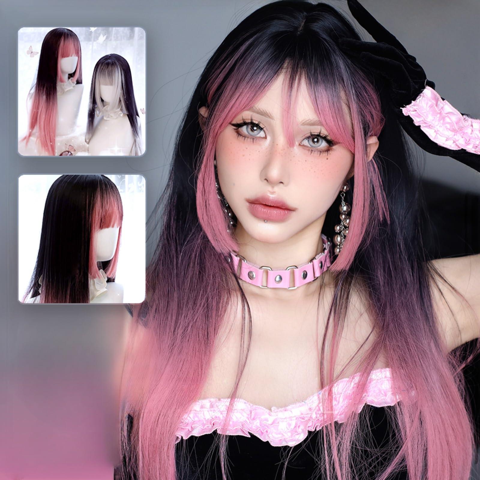 SCORRO SCORRO Hime Cut Split Dye Wig Long Straight Wig with Highlight Bangs, Black Gradient Red Wig, Pink and Black, Purple Black, Gothic Style Y2k Party Wig Lolita Daily Wigs (Pink and black)
