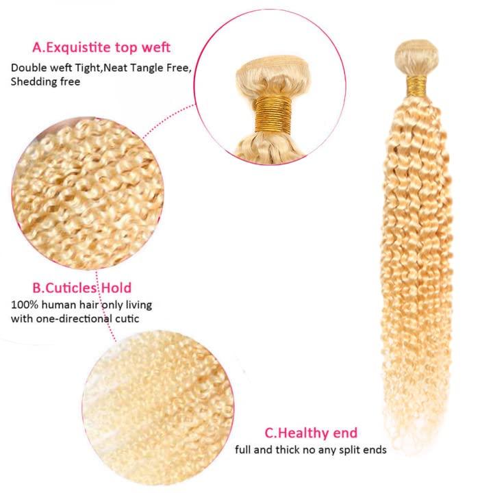 AuokMar 613 Bundles Human Hair Blonde Kinky Curly Human Hair Bundles Brazilian Virgin Human Hair 3 Bundles 14 14 14 Inch 613 Curly Bundles Double Weft Hair Extensions for Women No Tangle