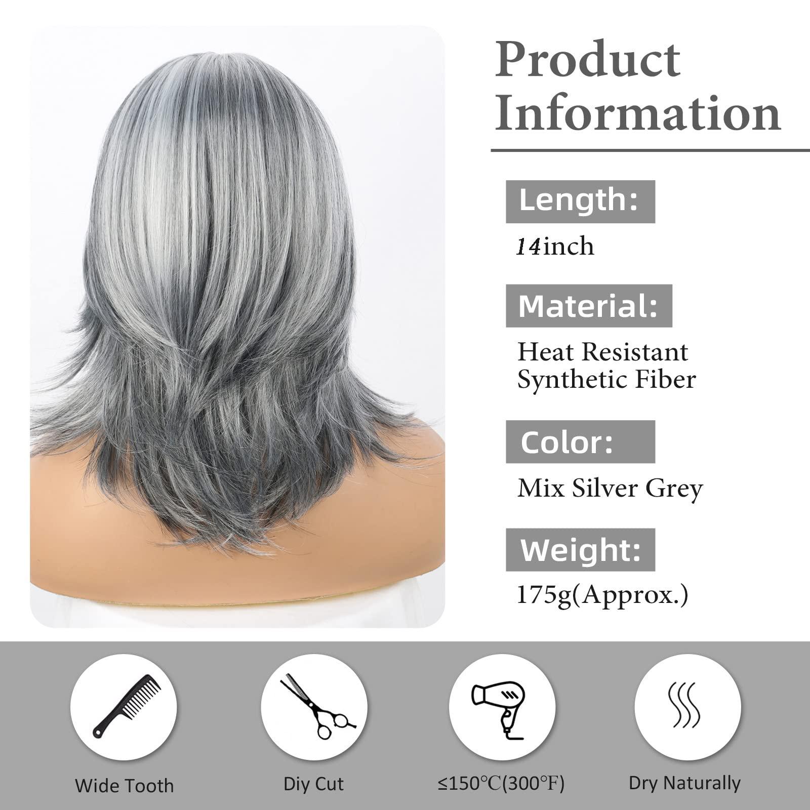 Liyouda Liyouda Short Gray Wigs for White Women Should Length Grey Layered Wigs, 14inch Grey Wig Wavy Curtain Bangs Wig Silver Gray Wigs for Black Women Synthetic Light Gray Wigs for Older Women
